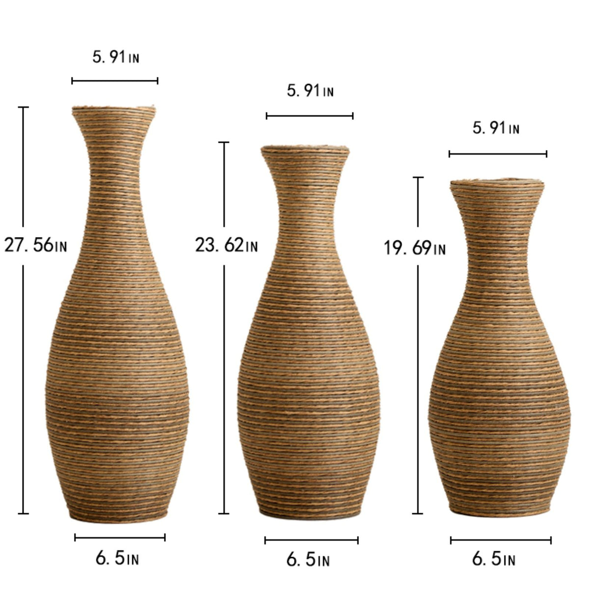 3 Piece Artificial Rattan Floor Vase Set Decorative Accent For Living Room, Hallway & Entryway, Ideal For Dried Or Silk Flower Arrangements - Beige