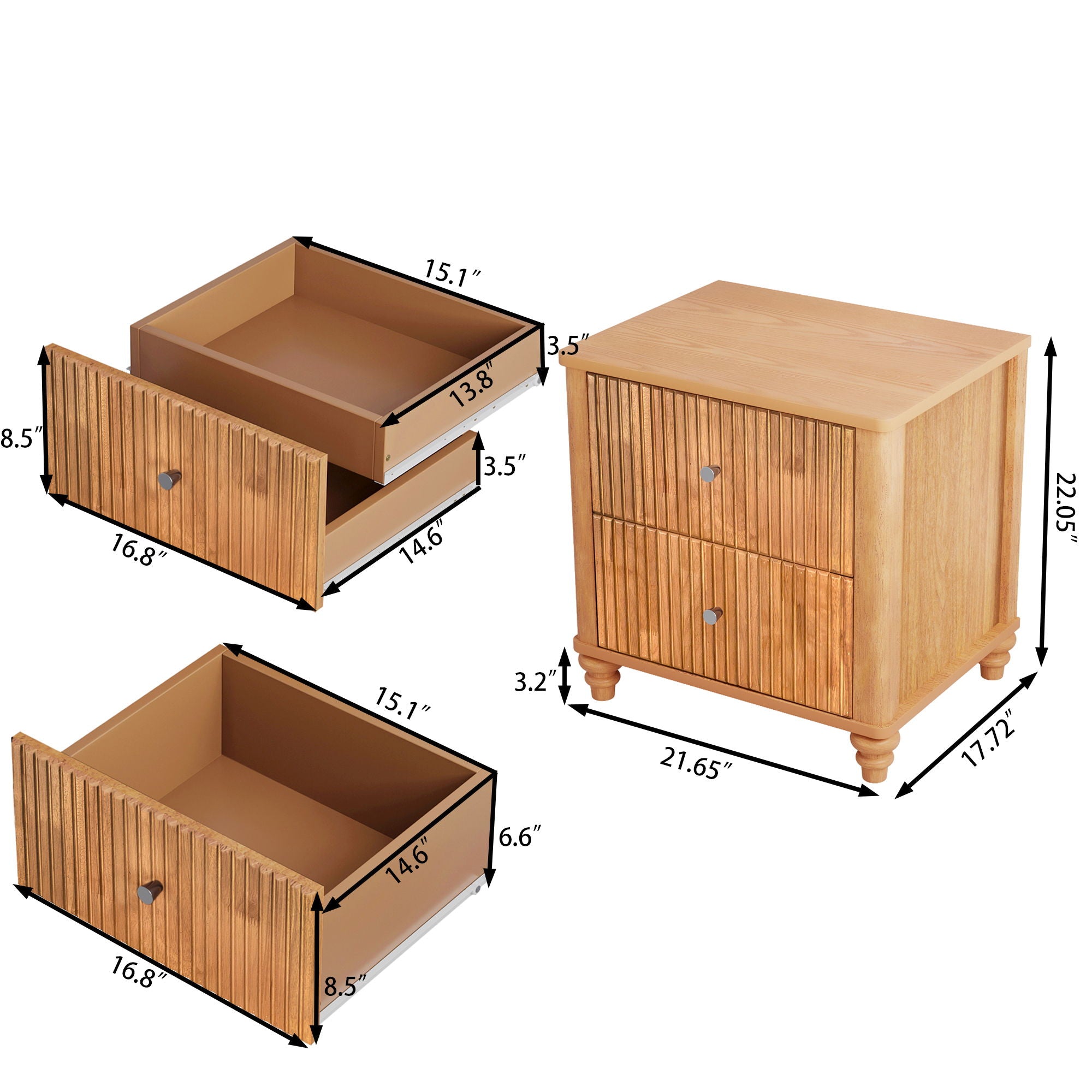 Modern Fluted Nightstand With 3 Drawers