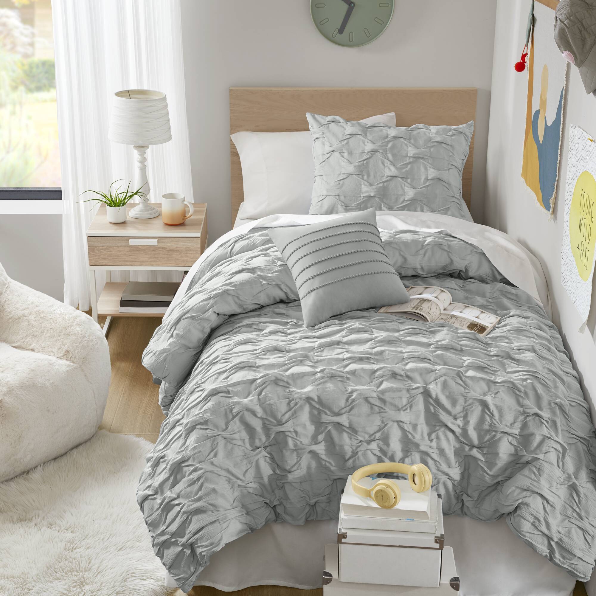 Bailey - Twin/Twin Long Diamond Pucker Comforter Set - Gray