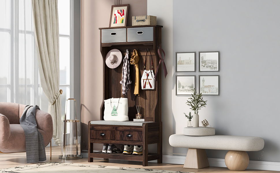 Hall Tree With 6 Hooks And Hinged Lid, Coat Hanger, Storage Bench, 3 In 1 Design
