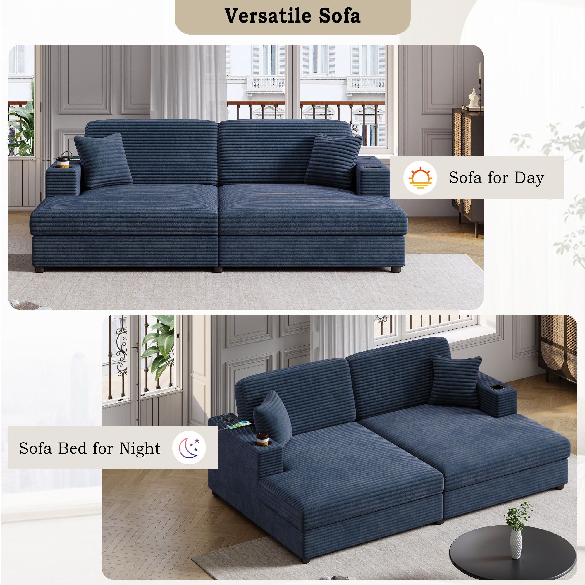 Oversized Loveseat Chaise With 2 USB Ports, 2 Cup Holders And 2 Throw Pillows