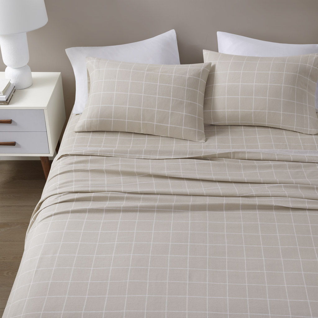 Oversized Flannel - 4 Piece Queen Sheet Set - Beige Windowpane