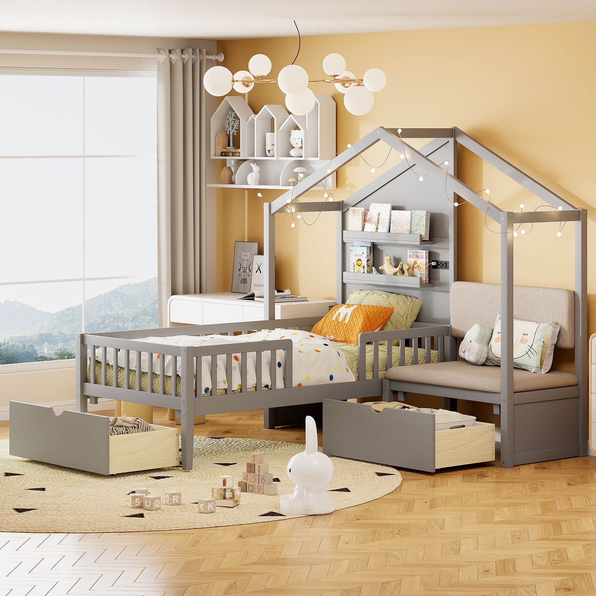 House Bed With Upholstered Sofa, Wireless Charging Station, Shelves And 2 Drawers