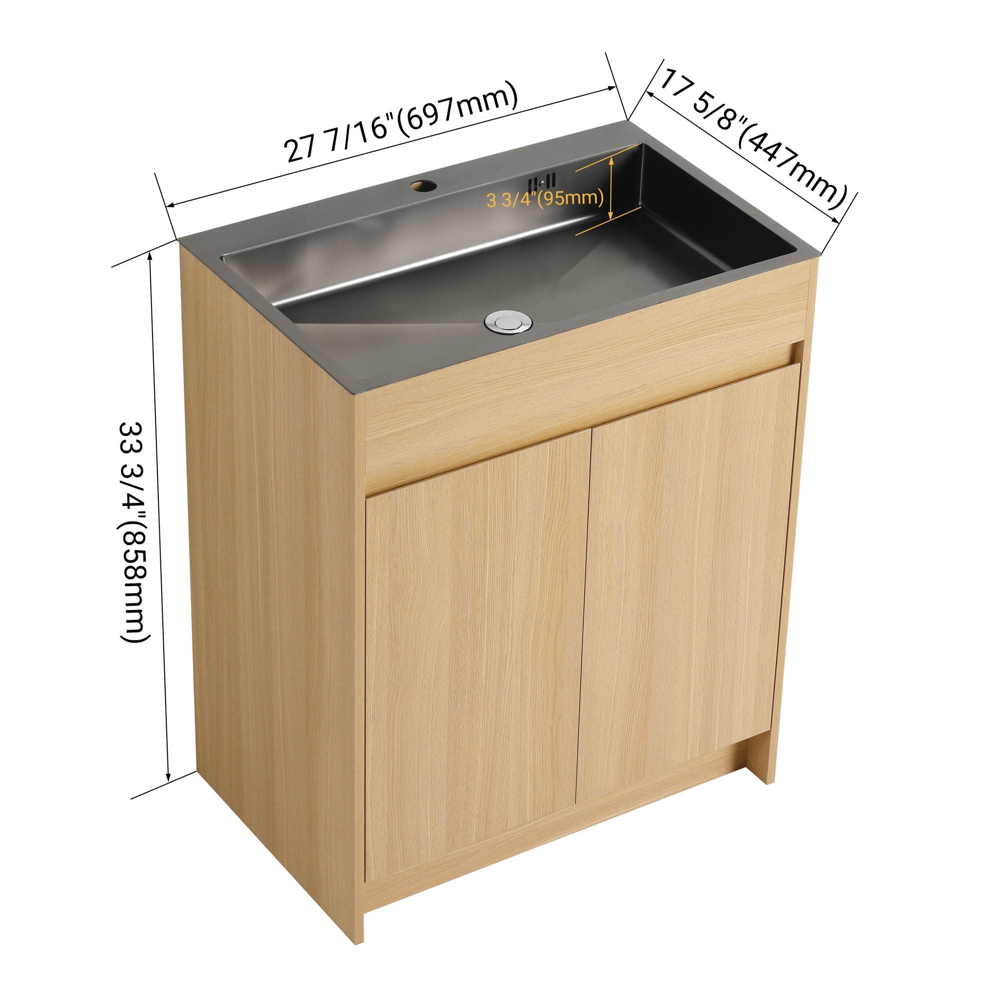 28" Freestanding Bathroom Vanity With Sink, Soft Close Doors - Oak
