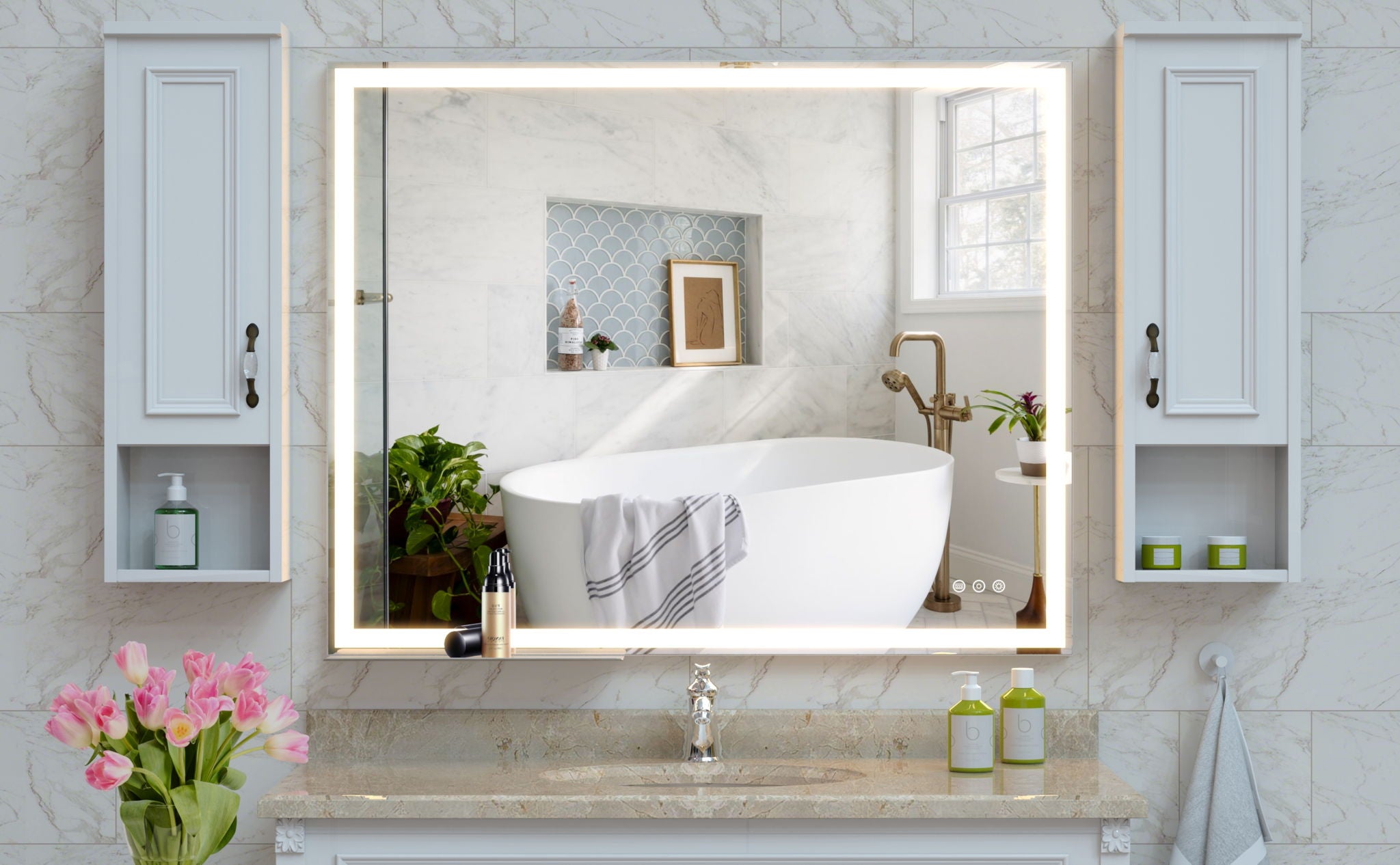 LED Bathroom Vanity Mirror Wall Mounted Adjustable / Warm / Natural Lights Anti-Fog Touch Switch With Memory Modern Smart Large Bathroom Mirrors