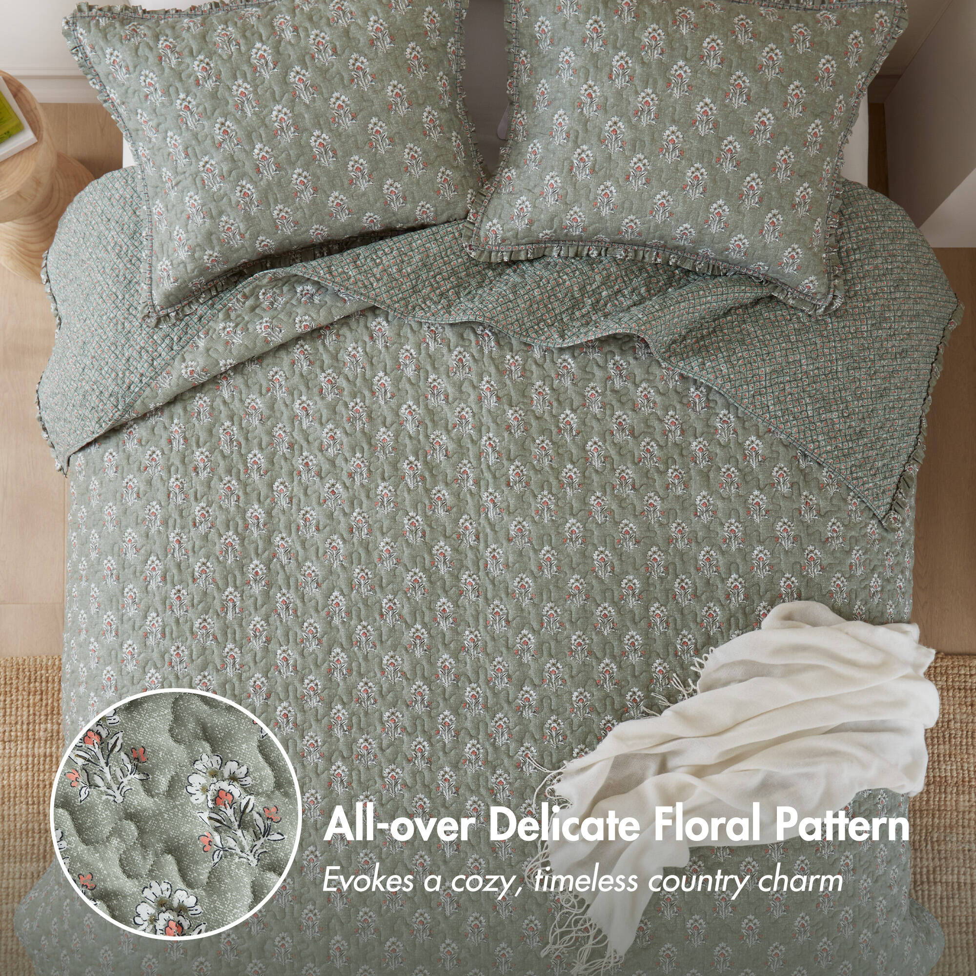 Linwood - King/California King 3 Piece Ruffle Printed Quilt Set - Sage Green