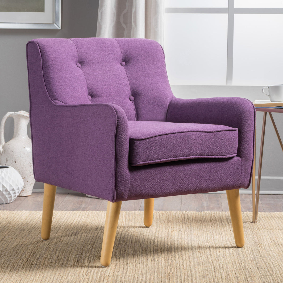 Modern Arm Chair With Tufted Back And Wooden Legs