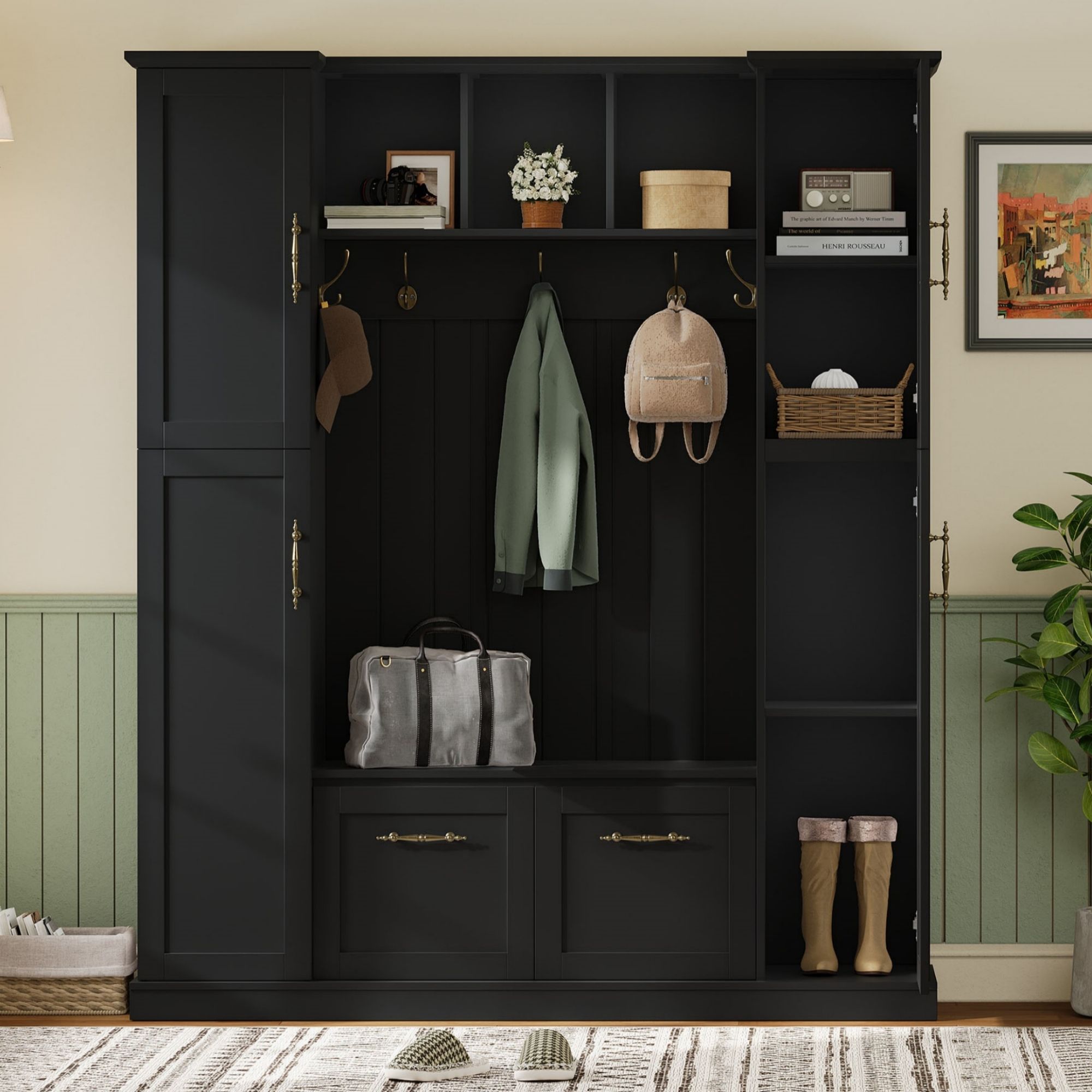 Hall Tree With 4 Side Cabinets