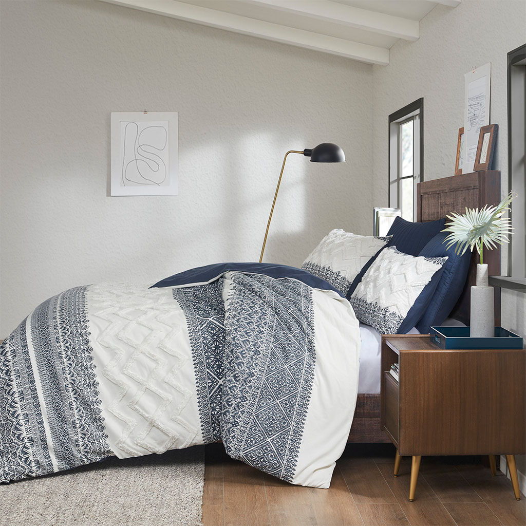 Mila - King 3 Piece Duvet Cover Set With Tufting - Navy