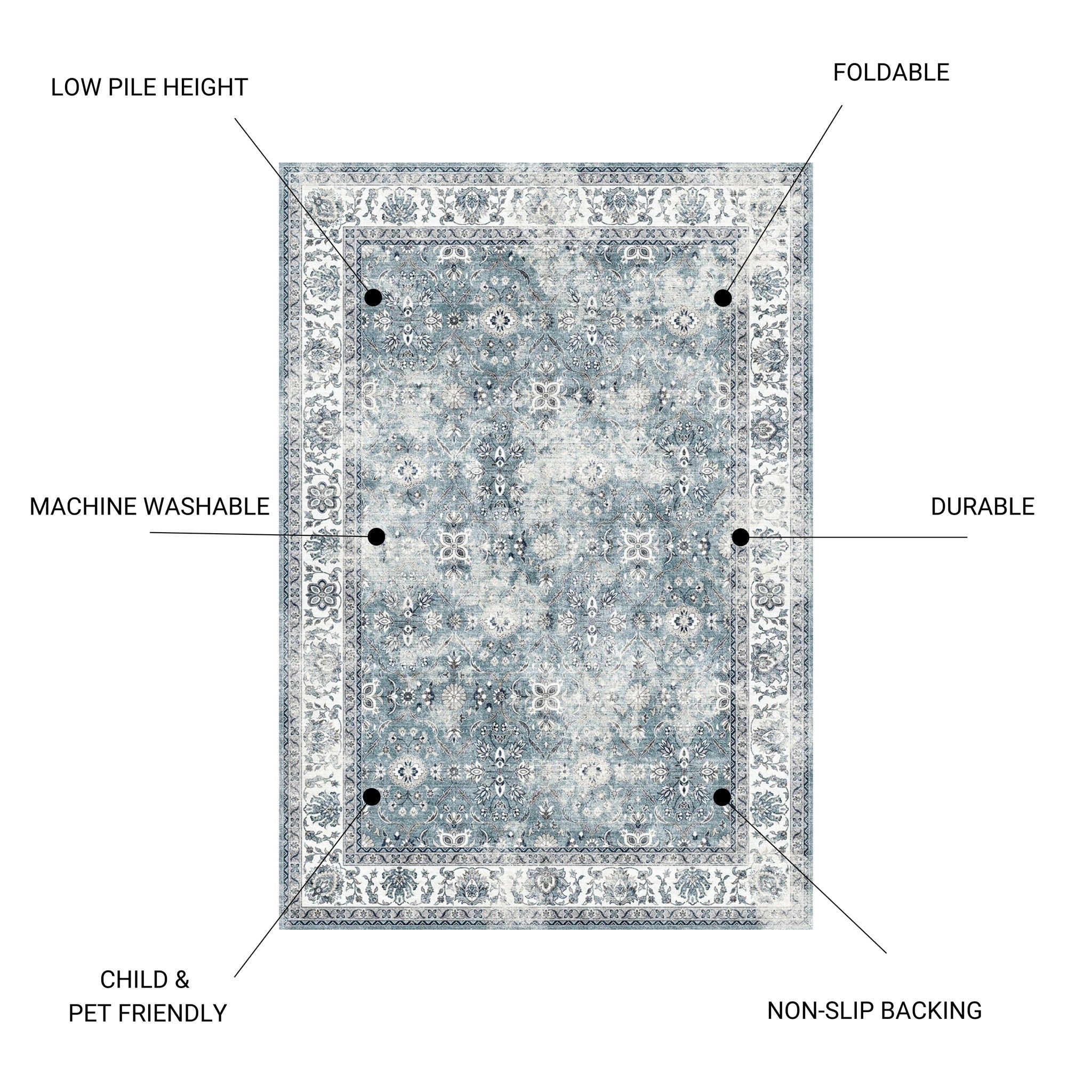 Toucan - 5' X 7' Washable Non - Slip Area Rug, Elegant Design - Silver