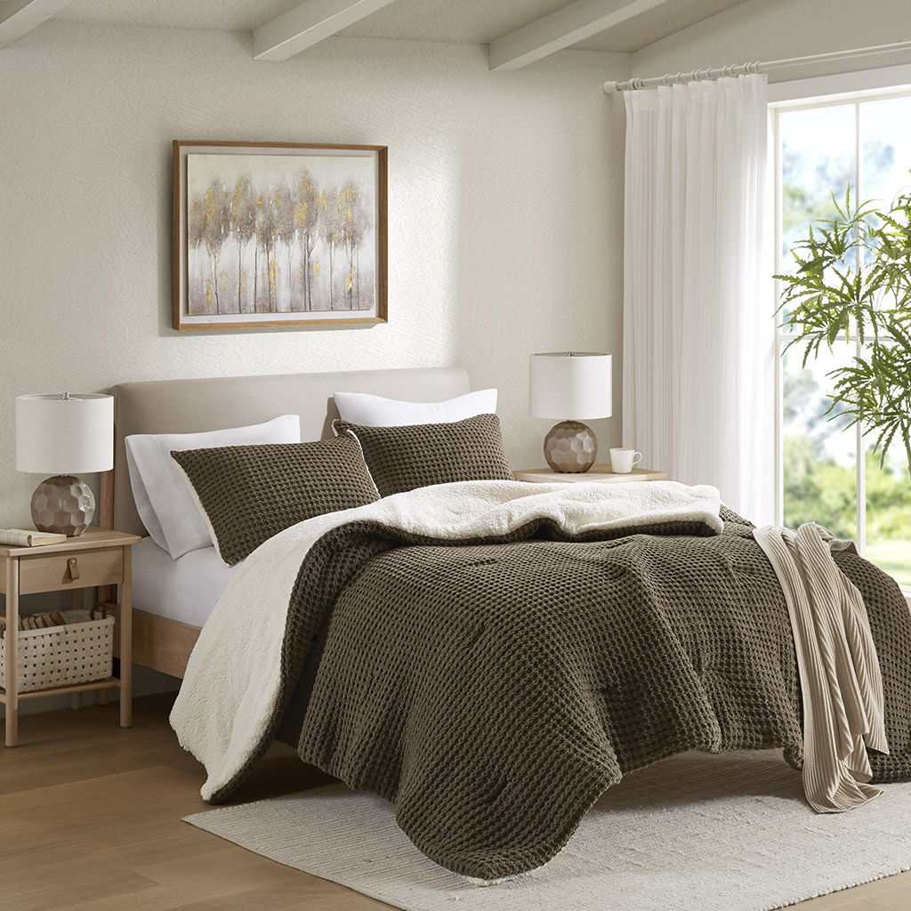 Riordan - 2 Piece Twin Waffle Knit Comforter Set - Brown