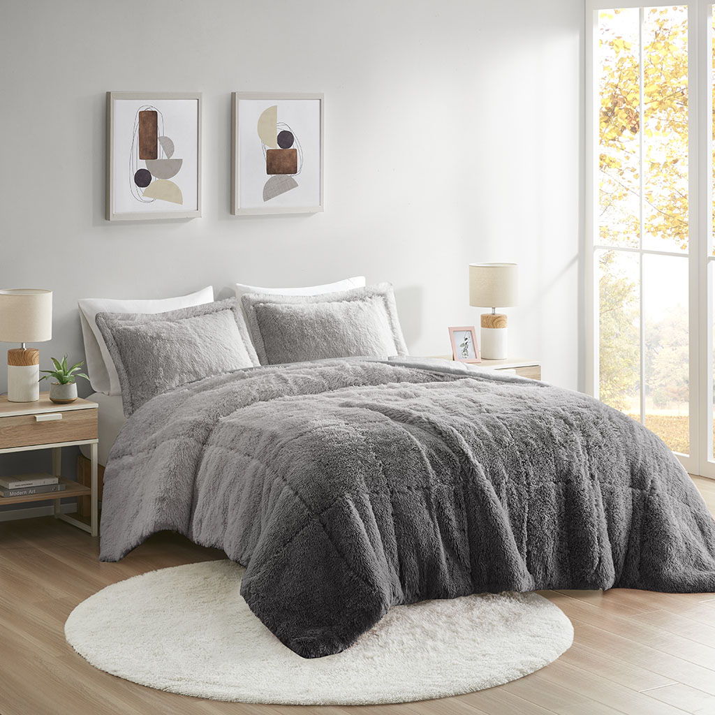Brielle - Ombre Shaggy Long Comforter Mini Set - Gray