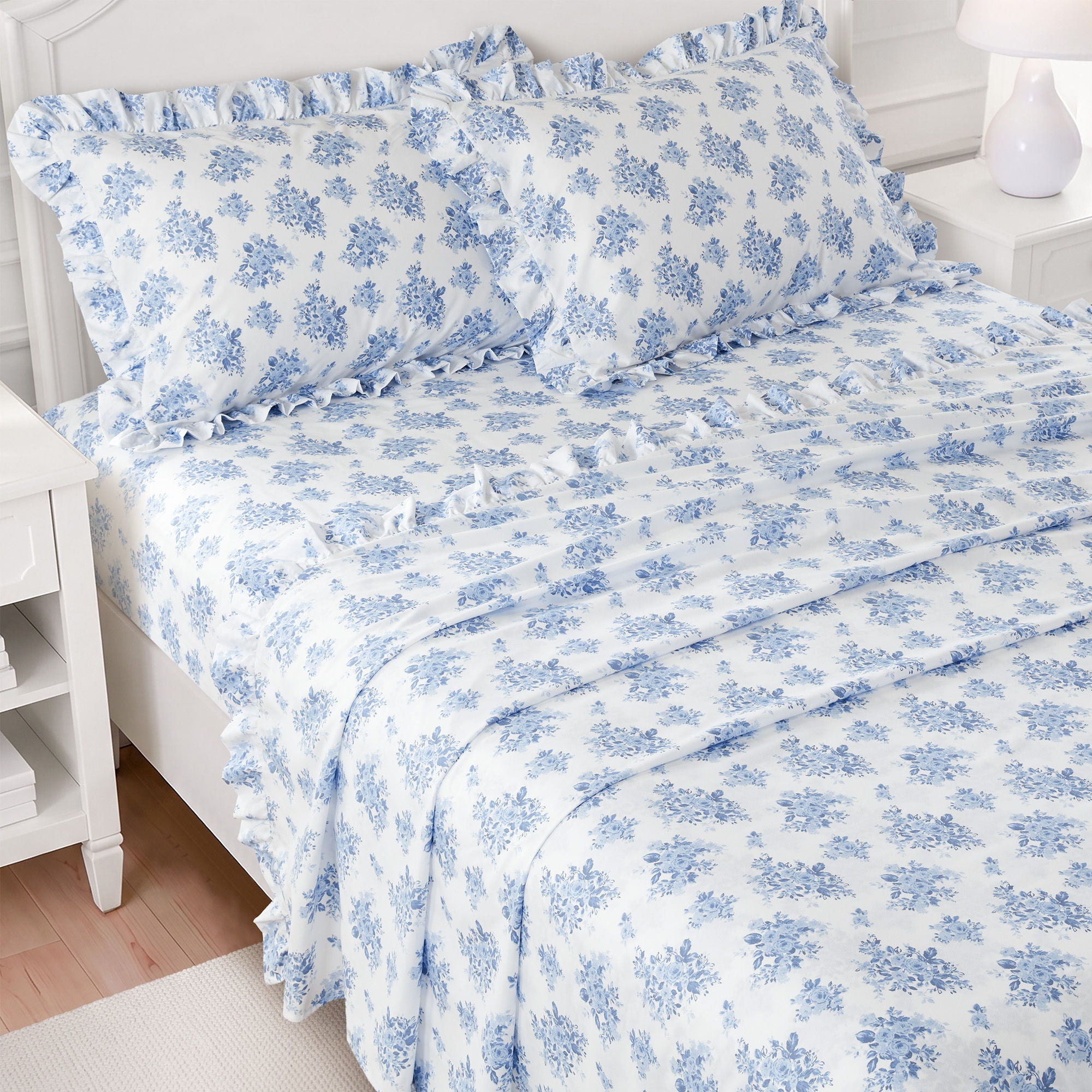 Microfiber Ruffle - Full Sheets - Blue Floral