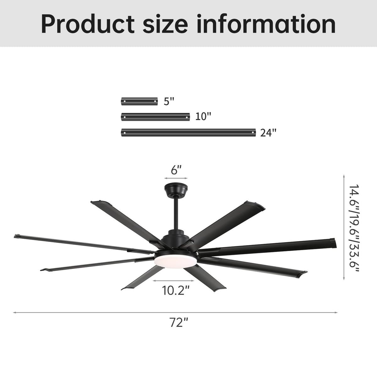 72" Large Design Ceiling Fan With Smart Remote Control, 6 Wind Speed DC Motor For Living Room - Black