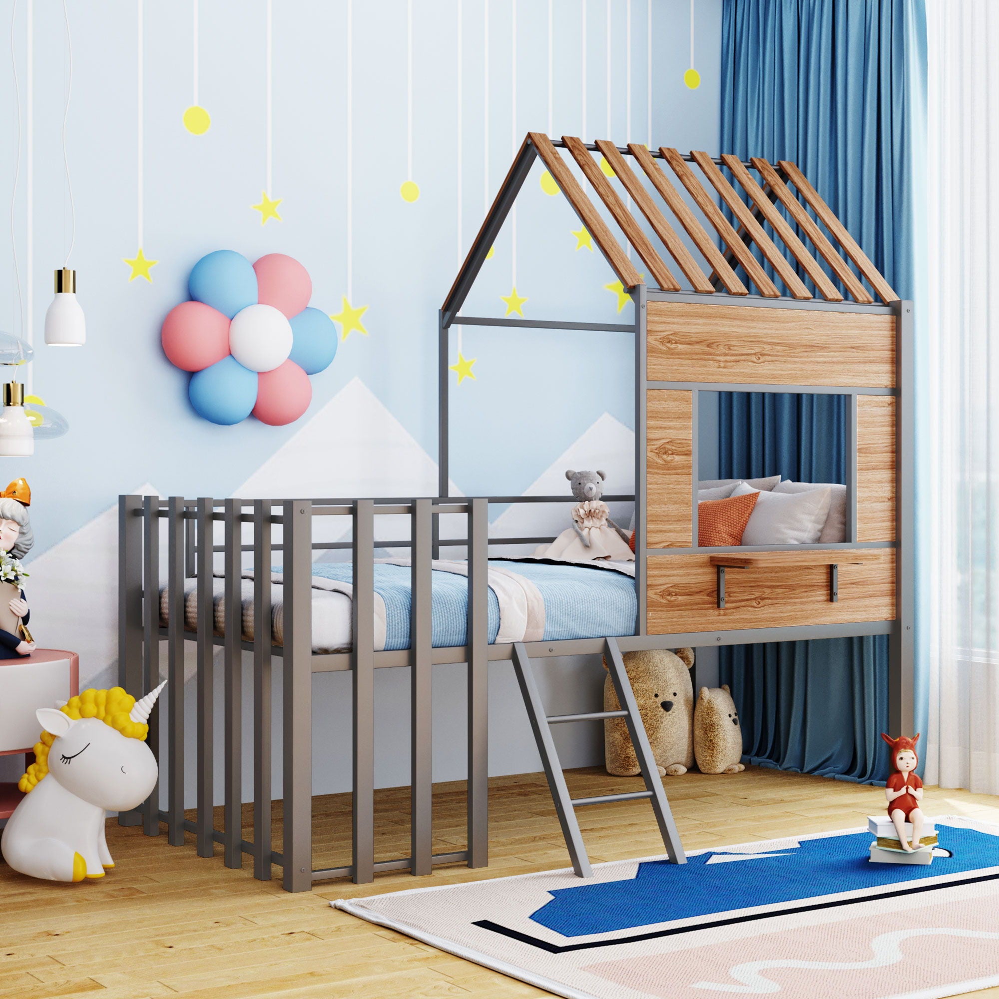 Loft Bed With Roof, Window, Guardrail, Ladder