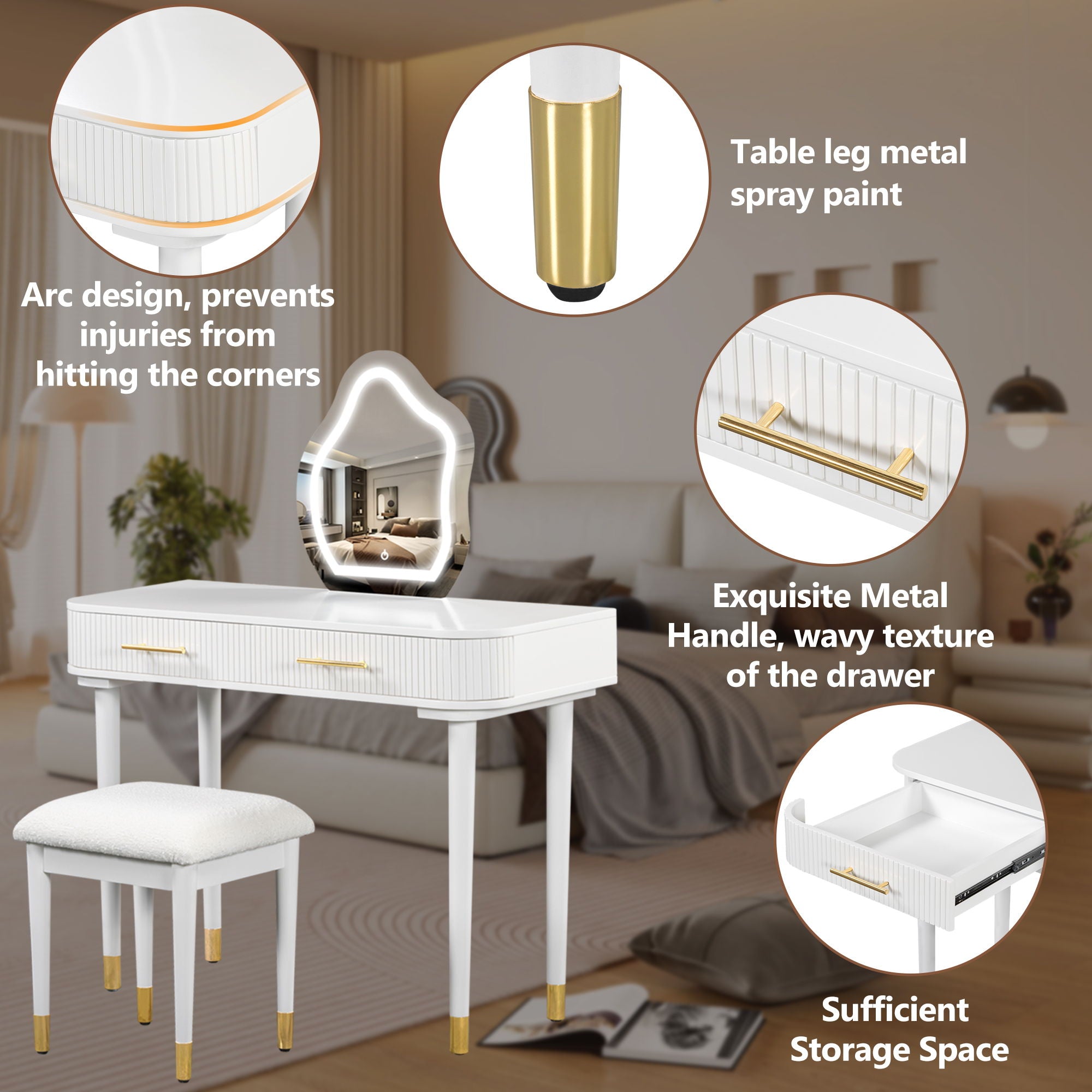Modern Vanity Table Set With Mirror Touch Screen Lighted Mirror, Dressing Table And Cushioned Stool Set With 2 Large Drawers - White