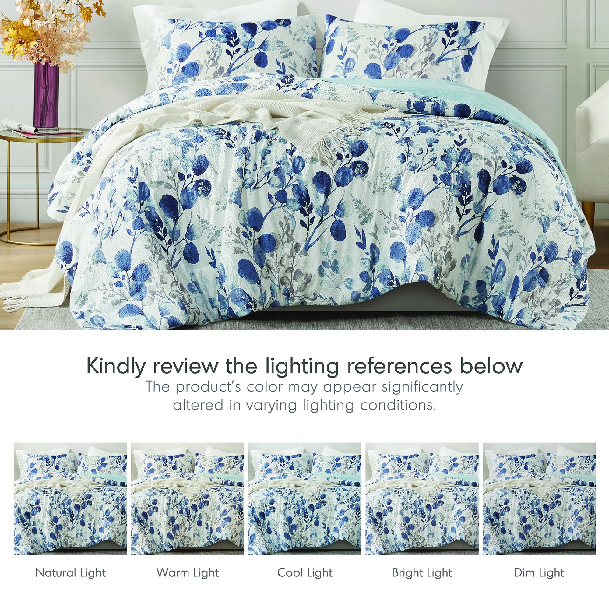 Gabby - Full/Queen Reversible Floral Botanical Seersucker Comforter Set - Navy/Blue