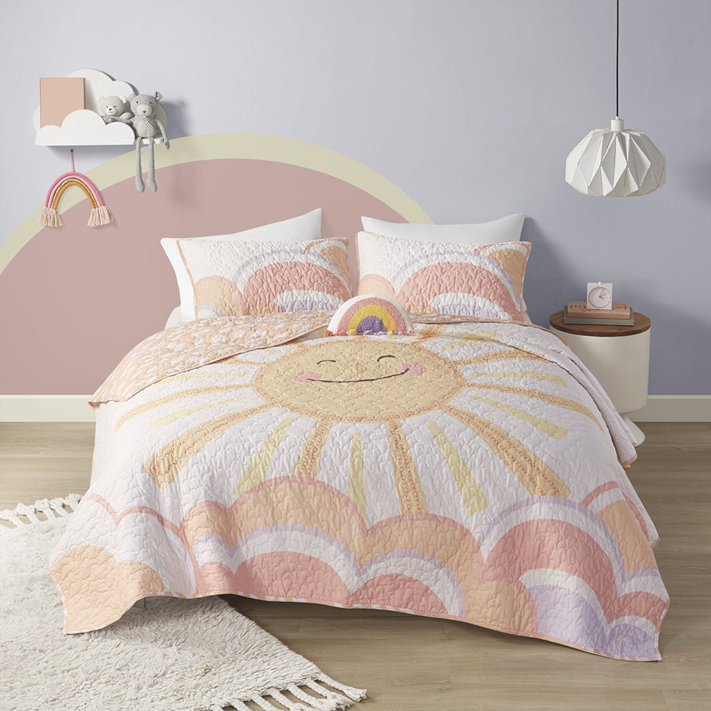 Dawn - Sunshine Printed Reversible Coverlet Set - Yellow / Coral