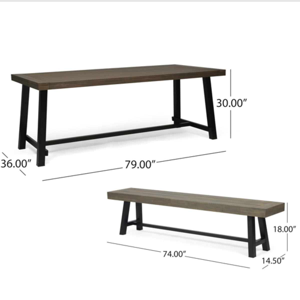 Outdoor 3 Piece Picnic Dining Set - Gray / Rustic Metal