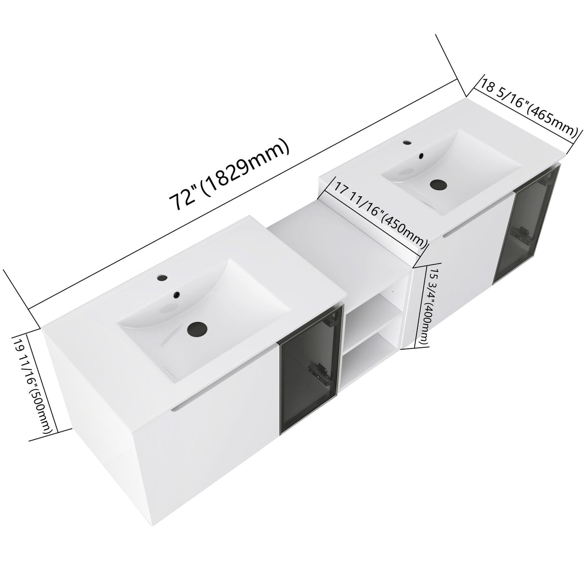 Wall Mounted Bathroom Vanity With Sink, Soft Close Doors, Cabinet & Half Door