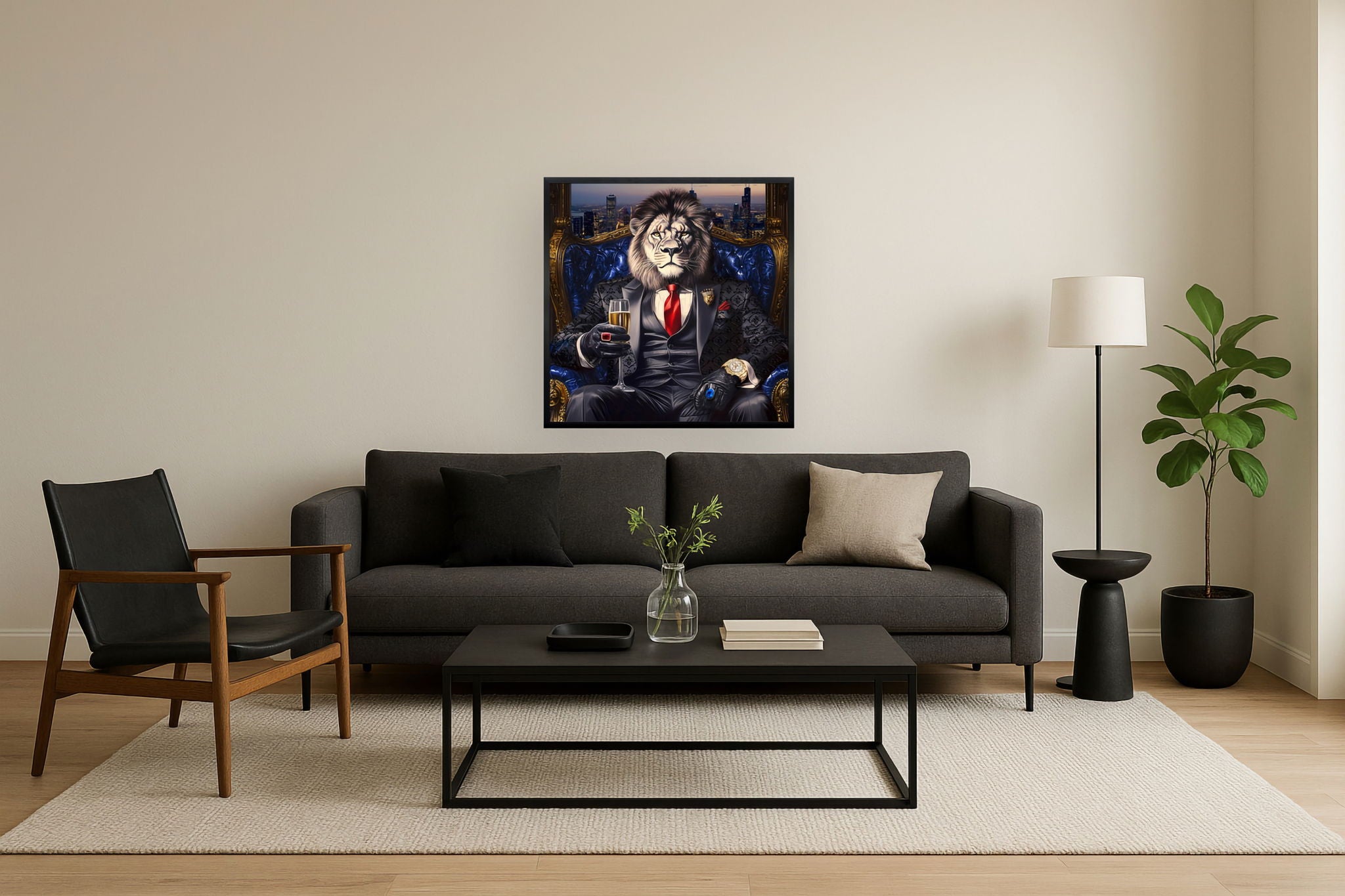 Regal Lion's Toast - 35" x 35" Framed Wall Art - Black