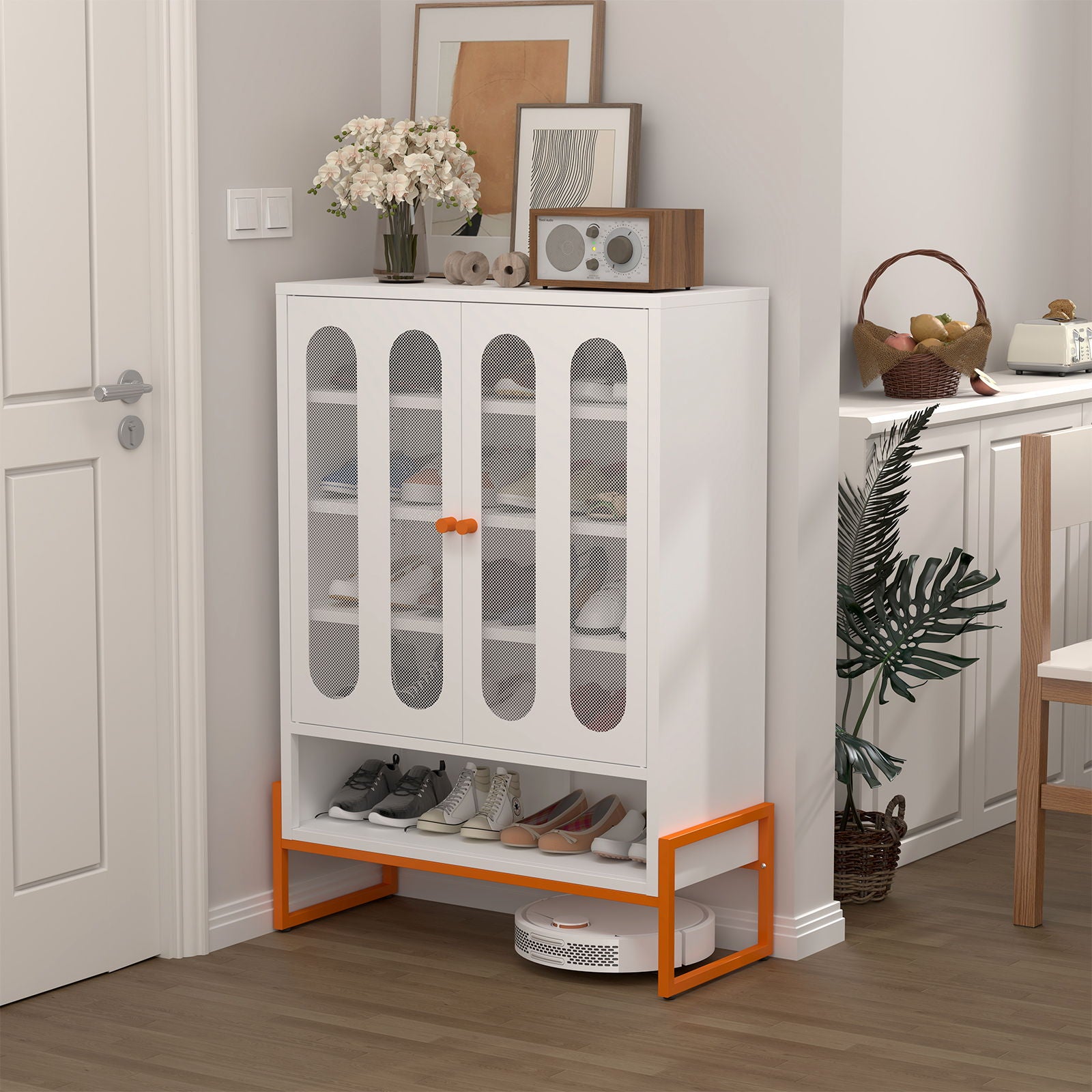 Modern Metal Shoe Cabinet With DoublebSided Doors And Adjustable Partitions
