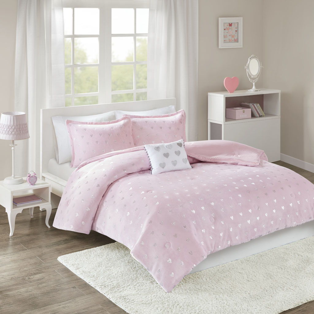 Rosalie - Metallic Printed Comforter Set - Pink / Silver