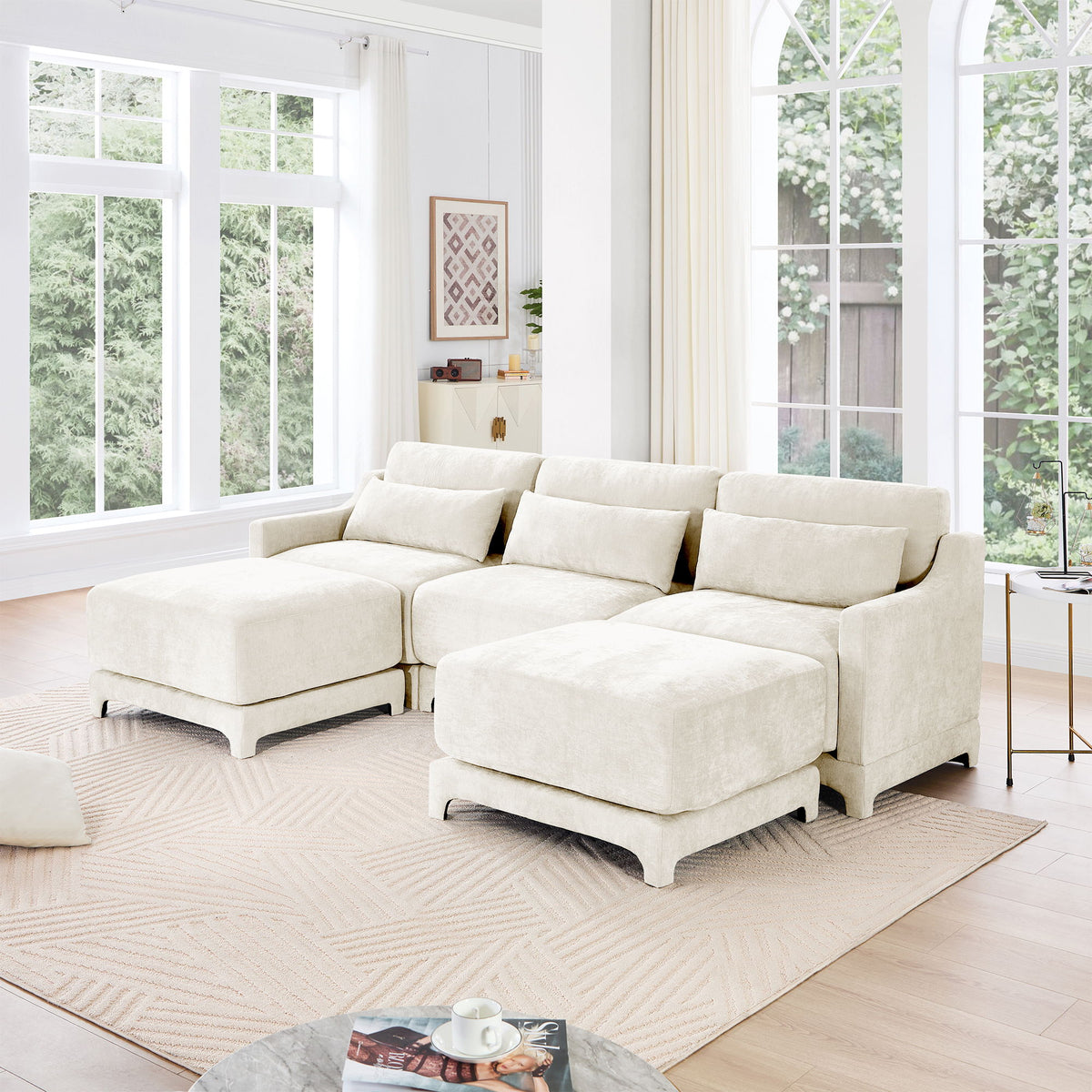 Stylish Sofa With Ottoman And Lumbar Pillows, Ergonomic Design