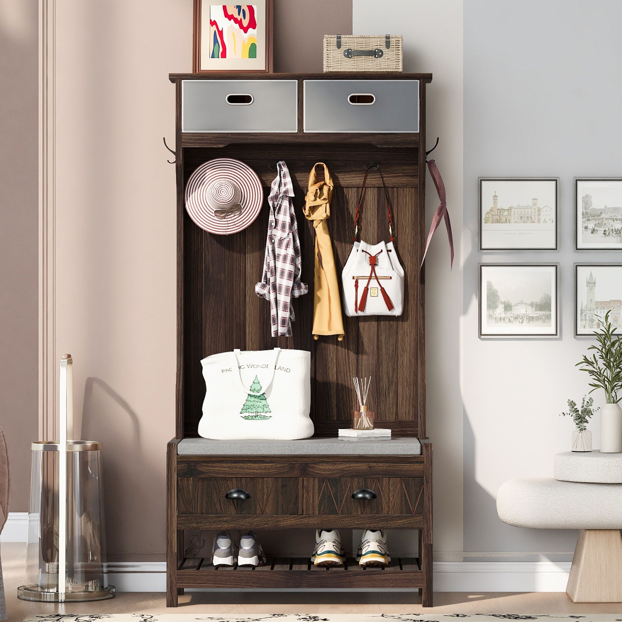 Hall Tree With 6 Hooks And Hinged Lid, Coat Hanger, Storage Bench, 3 In 1 Design