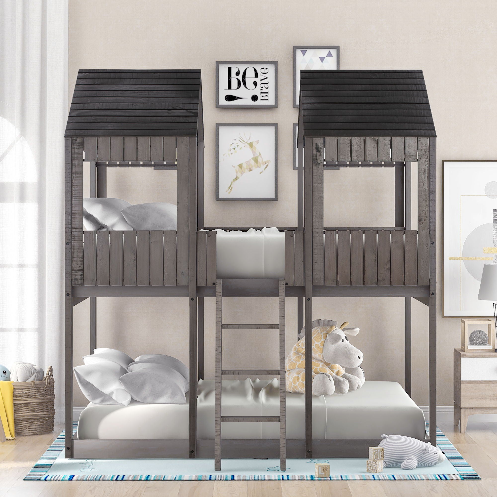 Bunk Bed With Roof, Window, Guardrail, Ladder