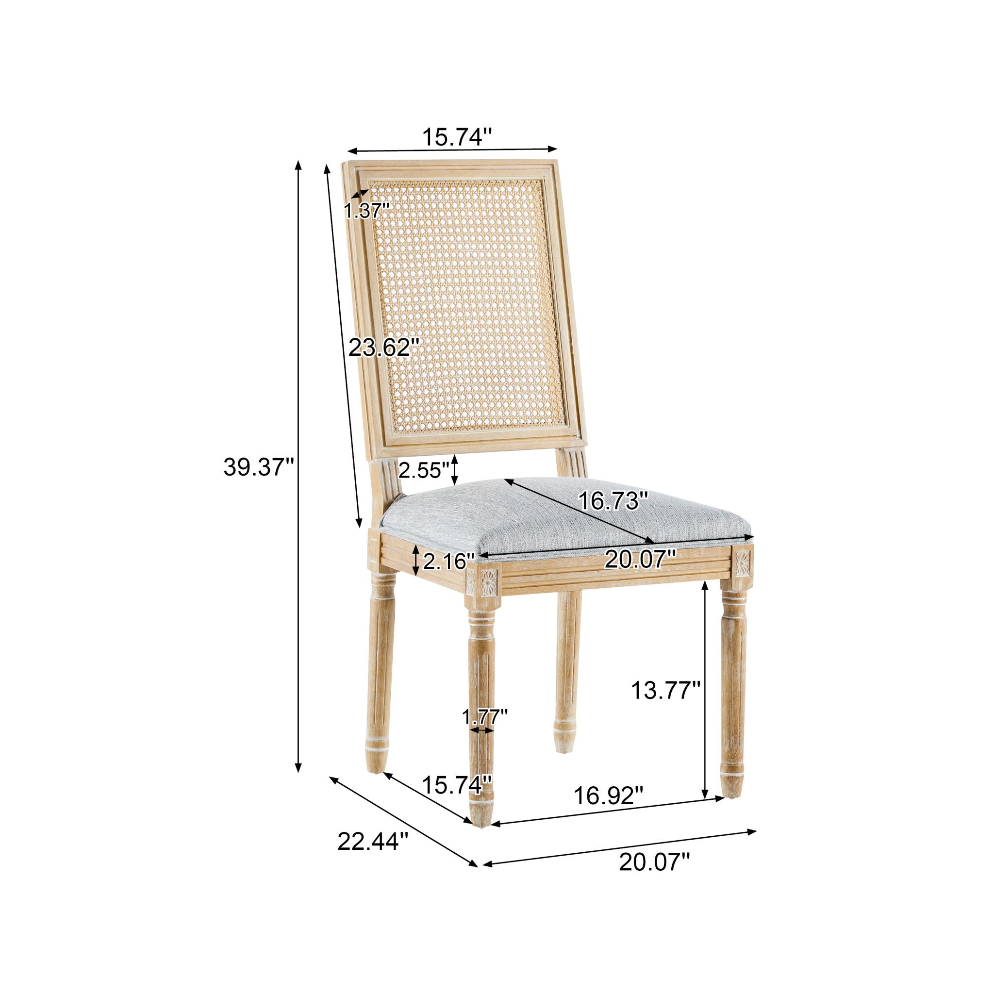 French Country Dining Chair With Rectangular Cane Backrest And Smooth Upholstered Seating