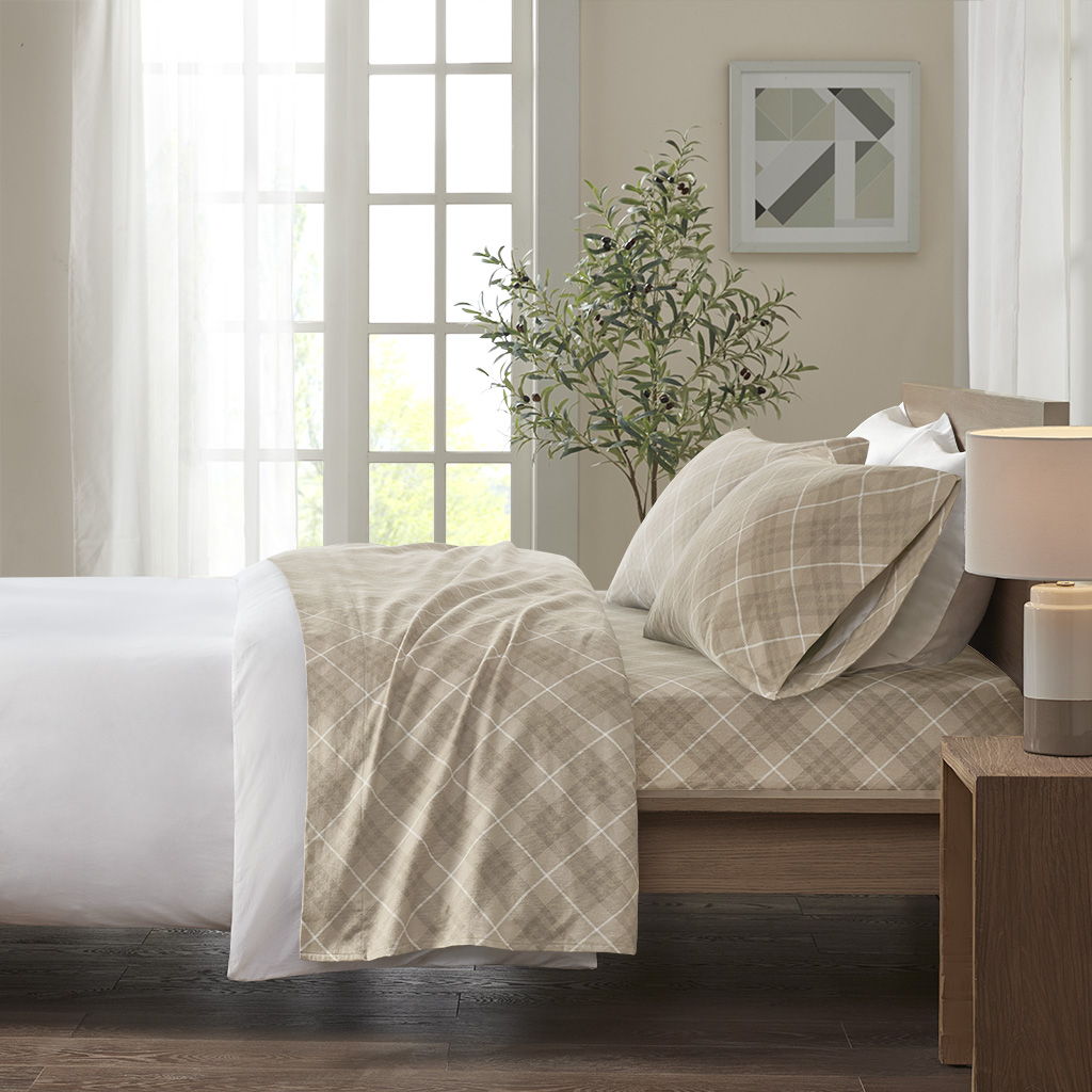 Cozy Flannel - California King Sheet Set - Tan Plaid