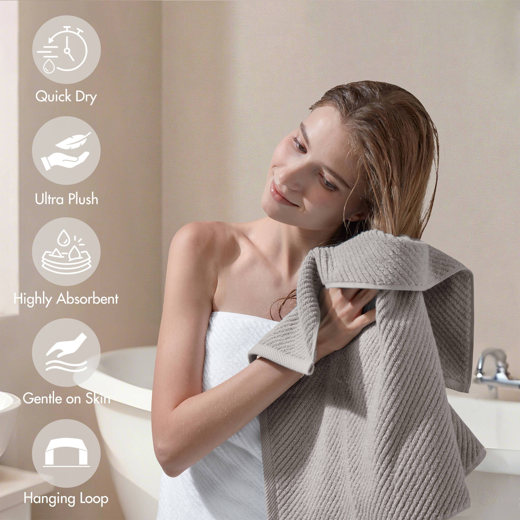 Diagonal Ribbed - 4 Piece Bath Towels Set - Gray