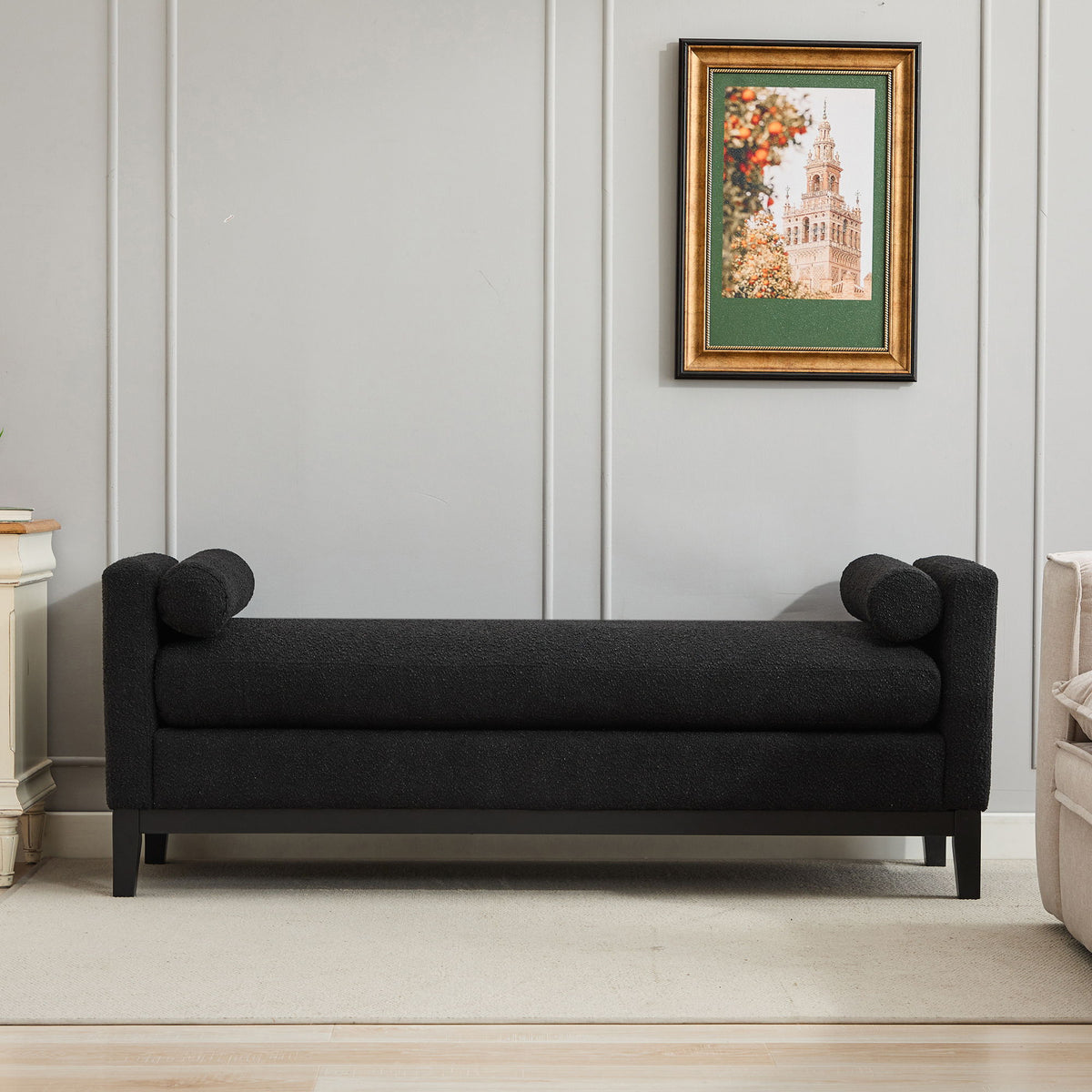 Upholstered End Of Bed Bench With Arms, 2 Bolsters For Bedroom - Black