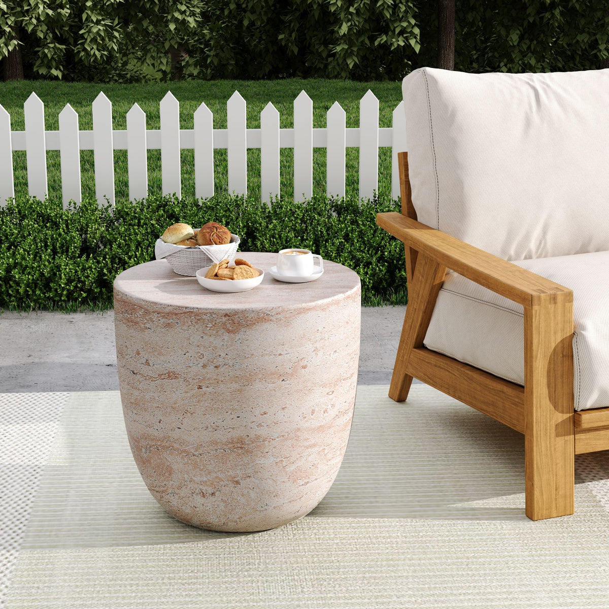 Outdoor / Indoor, Lightweight Concrete Side Table With Travertine - Beige