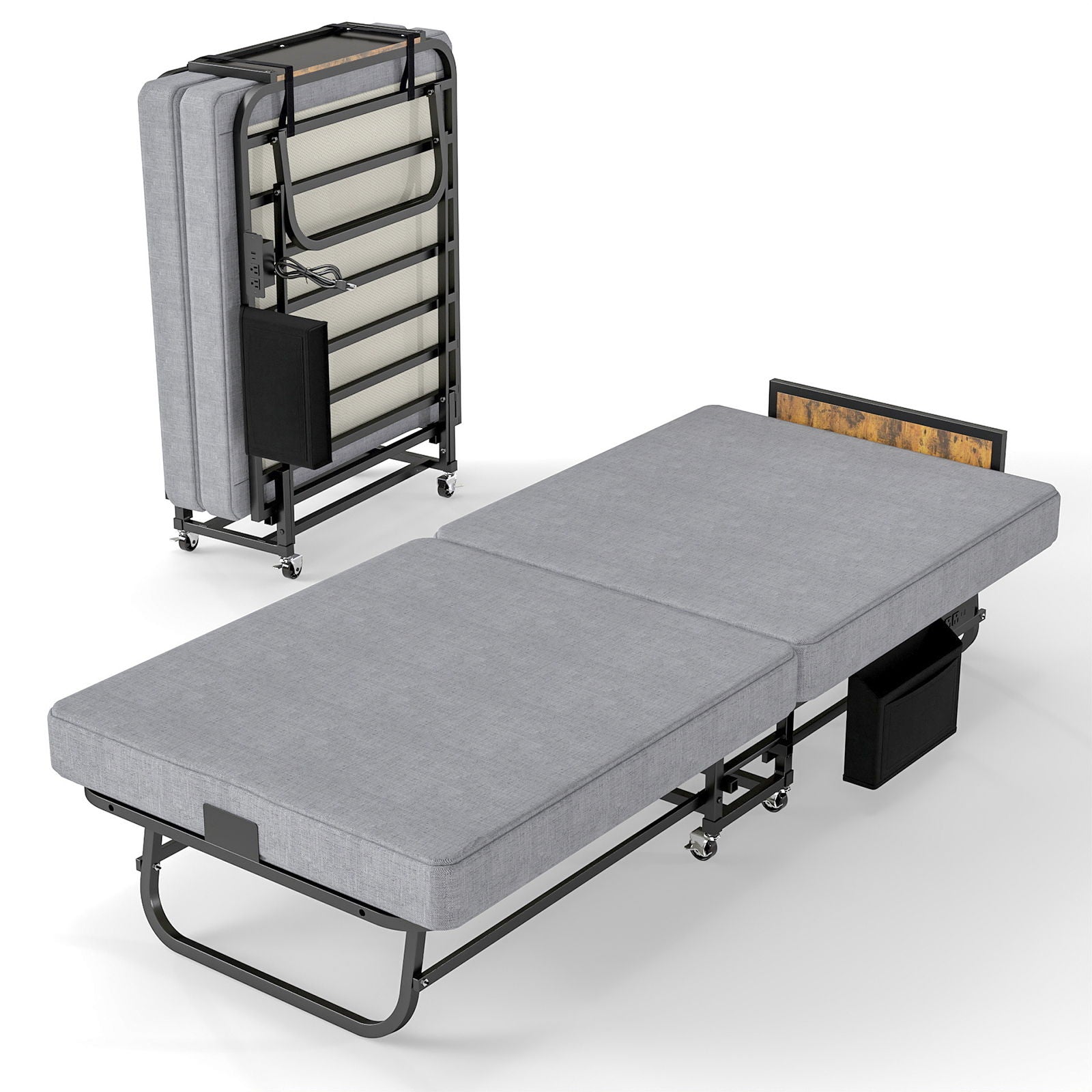 Twin Folding Bed With Headboard & USB Charging Station - Gray