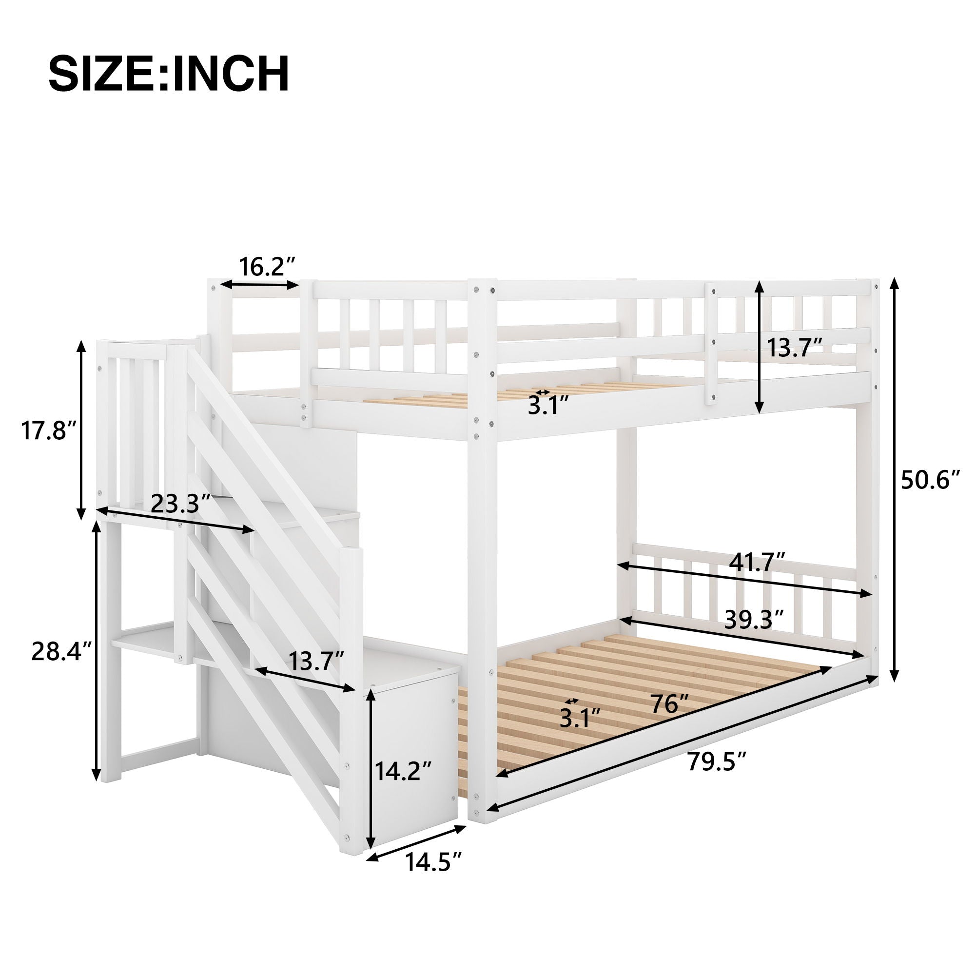 Norset - Twin Over Twin Floor Bunk Bed, Ladder With Storage