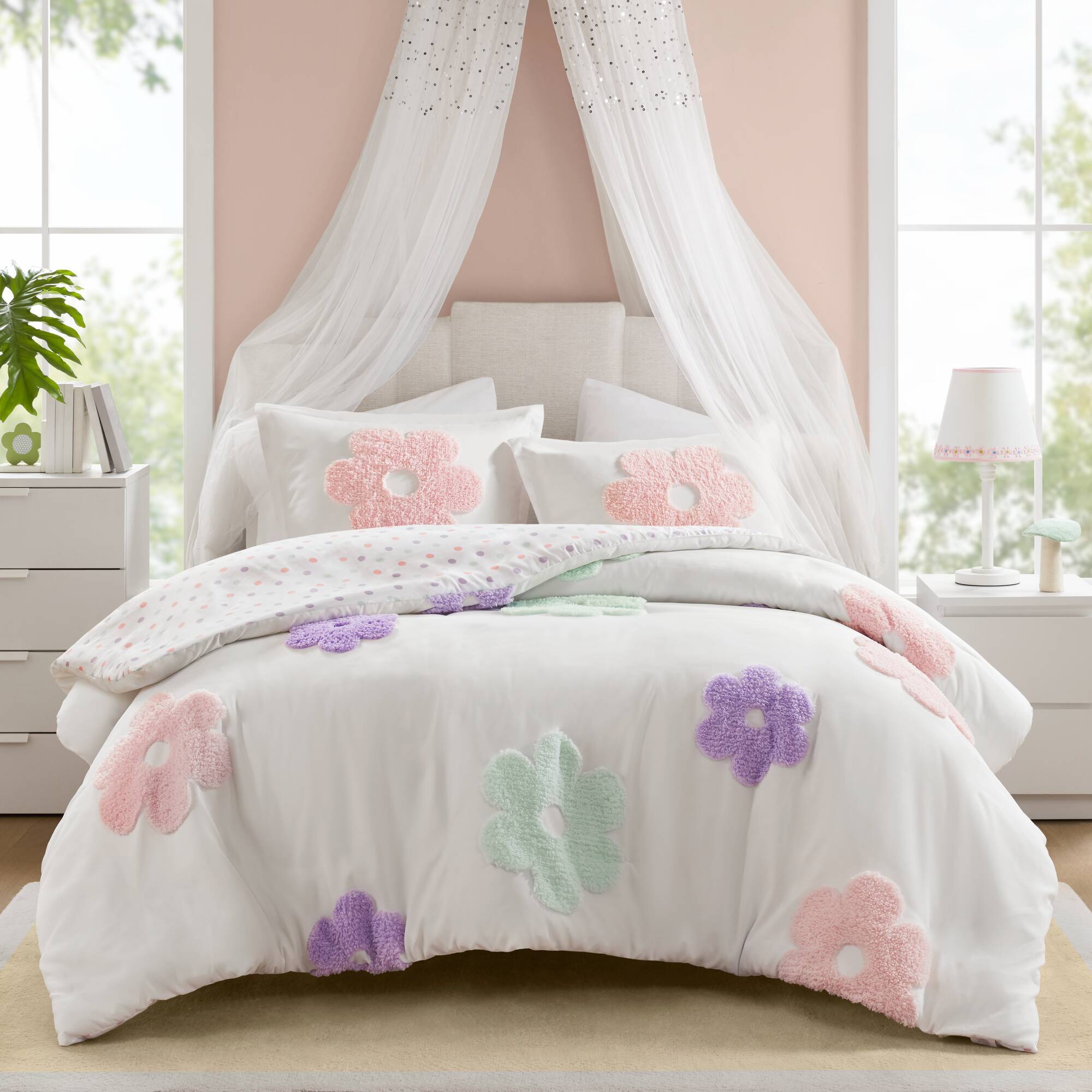 Gracie - Floral Reversible Tufted Chenille Duvet Cover Set - White / Purple