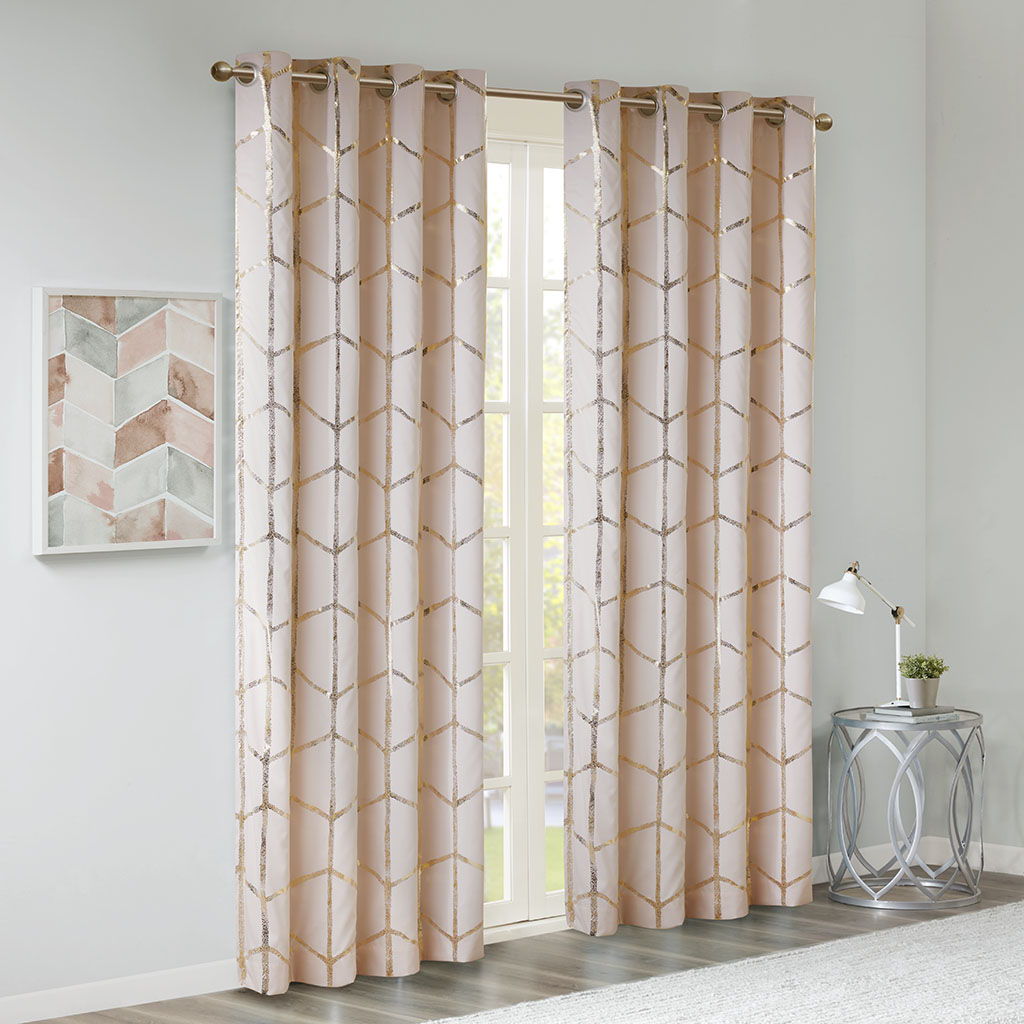 Raina - 63" Total Blackout Metallic Print Grommet Top Curtain Panel - Blush / Gold