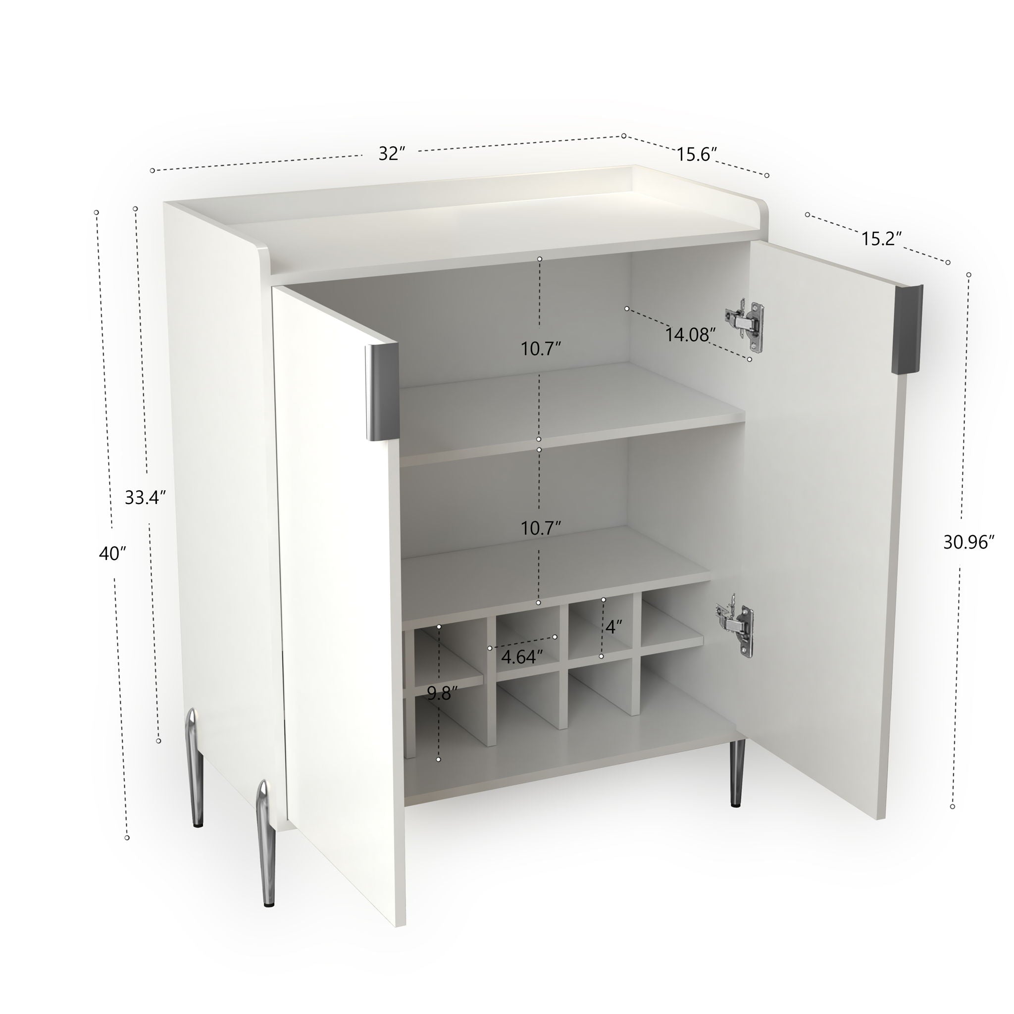 2 Door Wine Bar Cabinet With Adjustable Shelf, Soft-Closing Hinges, And High Feet - White
