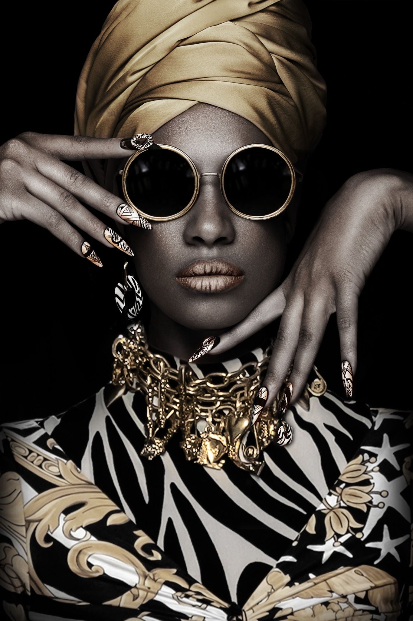 Golden Vogue Muse - 32" x 48" Framed Wall Art - Black