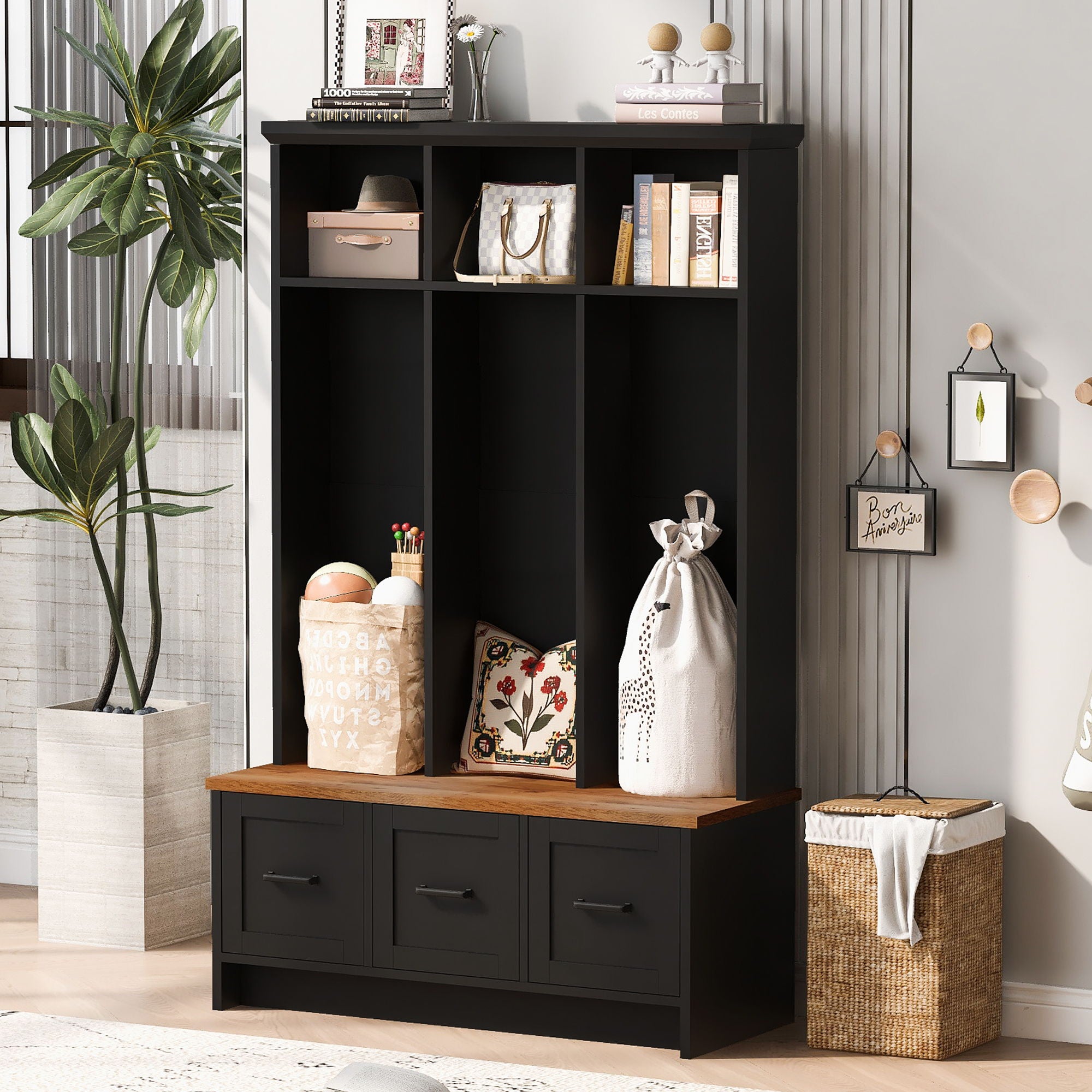 Modern Hall Tree With 3 Shelves And Drawers, Storage Bench