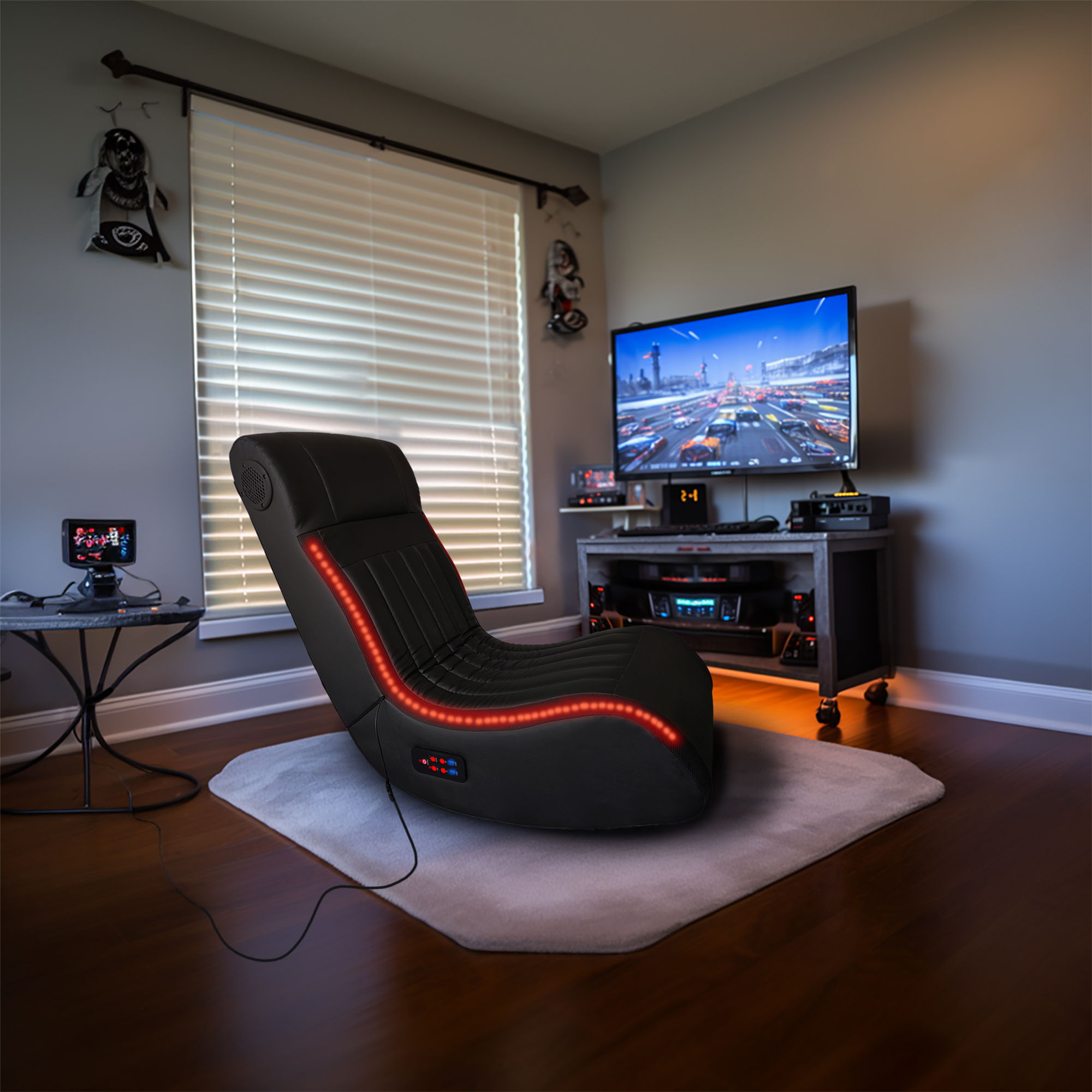 Foldable Gaming Chair With Onboard Speakers, LED Strip Lighting, Bluetooth, Vibration Massage, USB Charging Port - Black