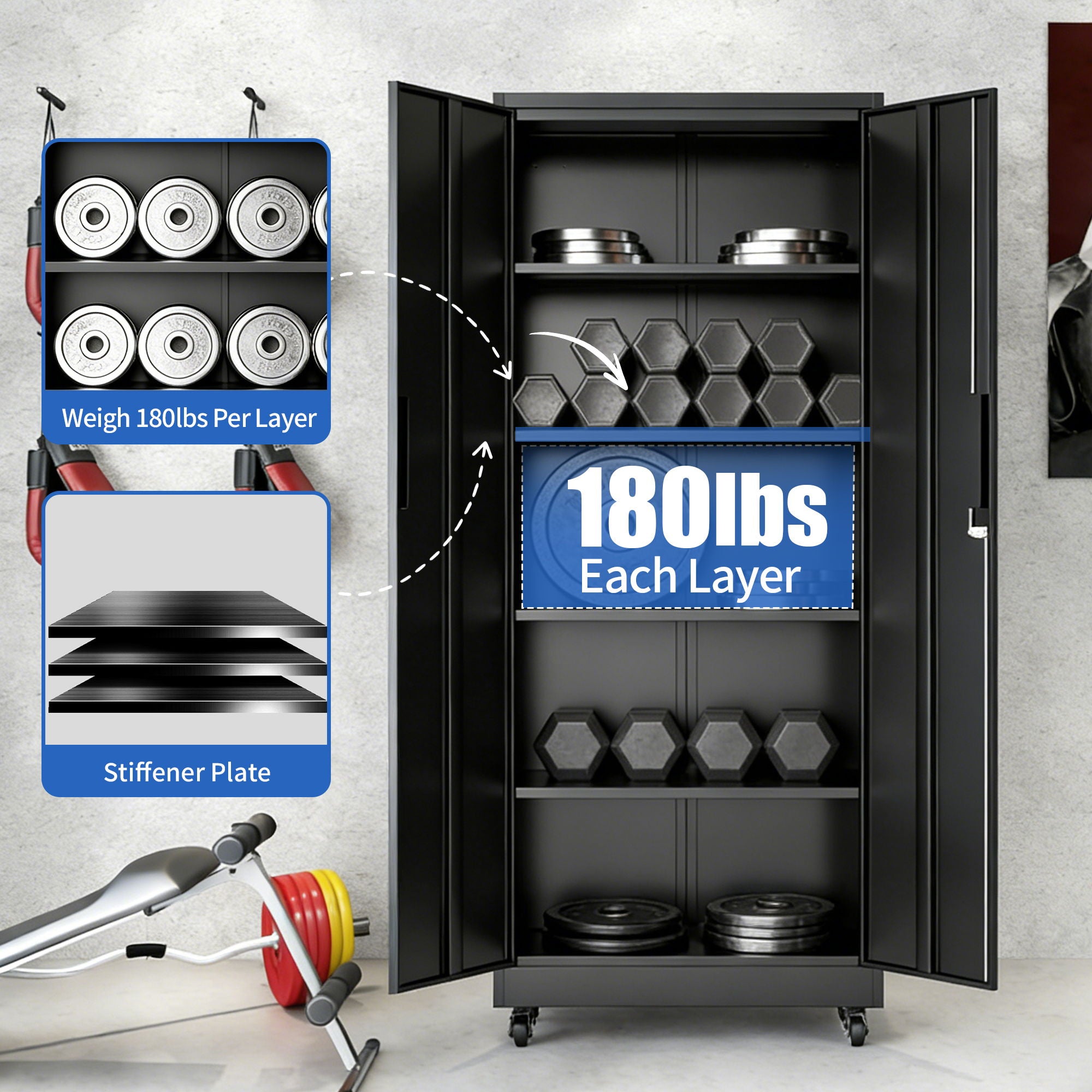 Storage Cabinet With Wheels And Lock, 4 Adjustable Shelves, 3 Point Locking Security, For Tool Organization In Garage - Black