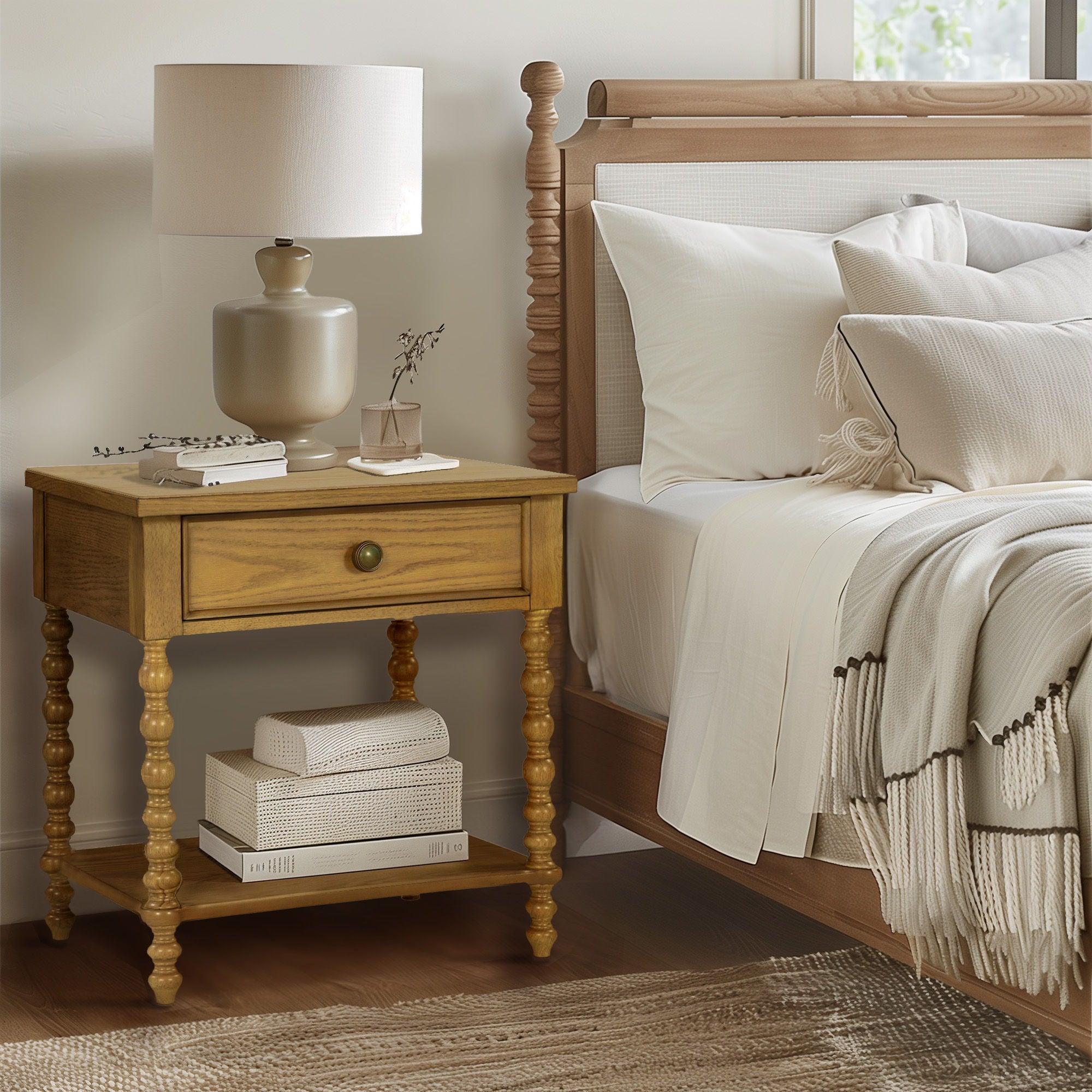 Beckett - Turned Spindle Nightstand With Drawer & Shelf - Natural