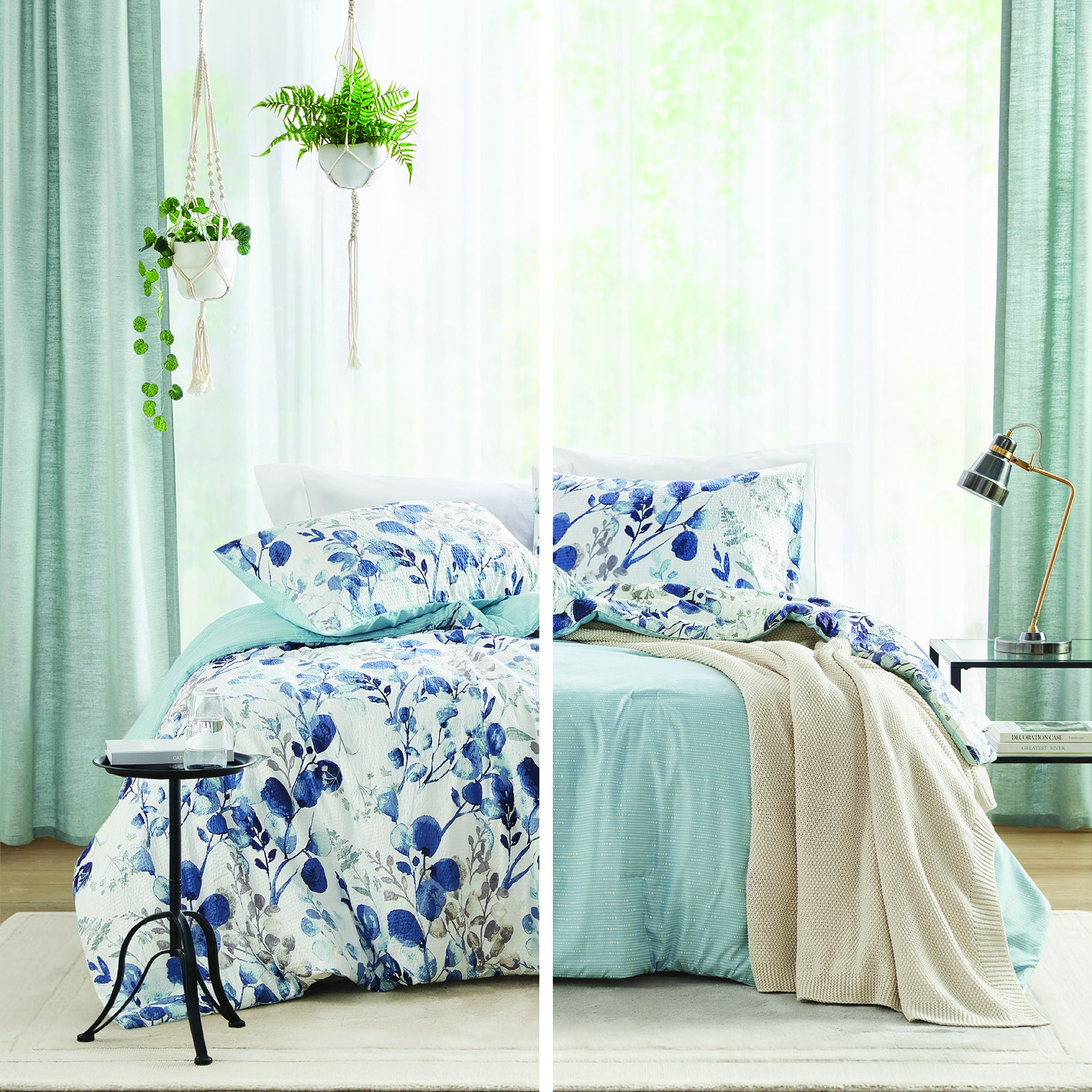 Gabby - Full/Queen Reversible Floral Botanical Seersucker Comforter Set - Navy/Blue