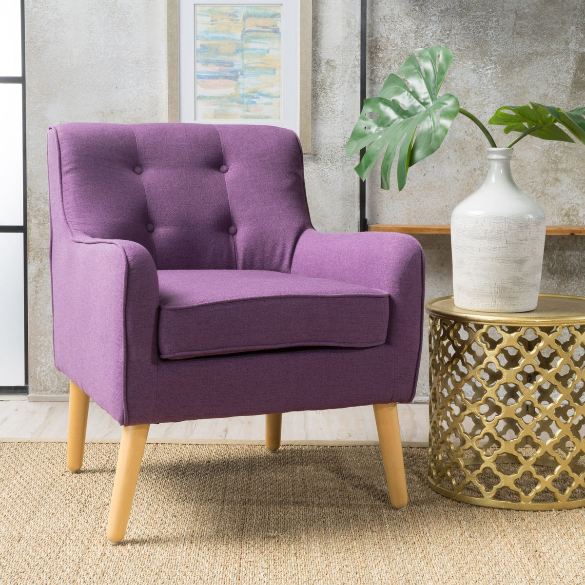 Modern Arm Chair With Tufted Back And Wooden Legs
