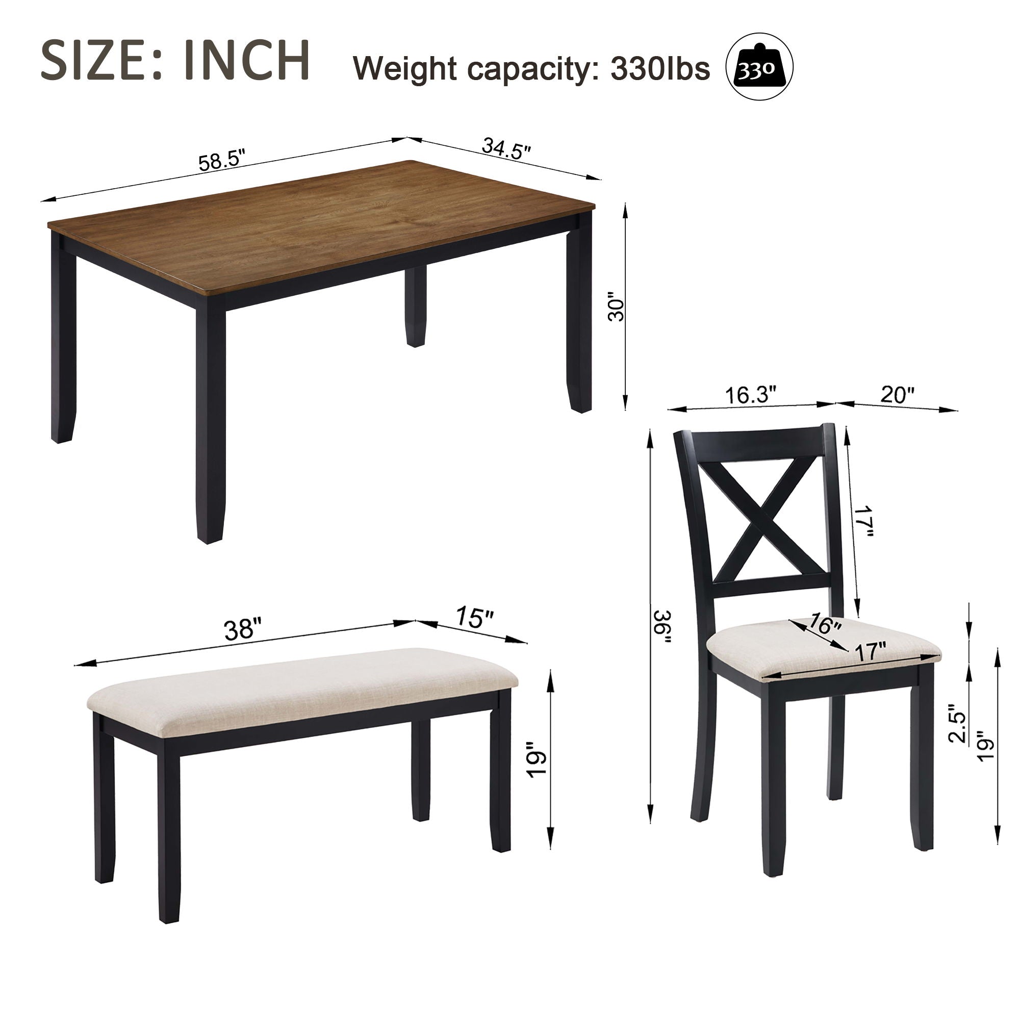 6 Piece Dining Table Set With Bench - Beige / Black / Oak