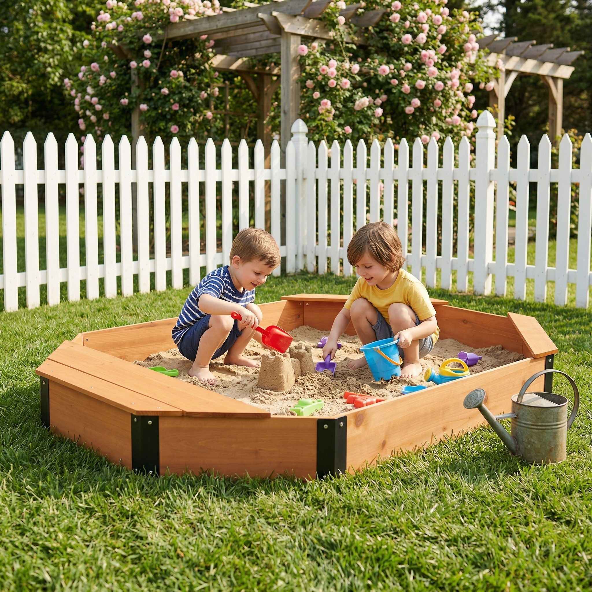Octagon Sandbox With Storage, Sandpit With Cover And Liner For Backyard