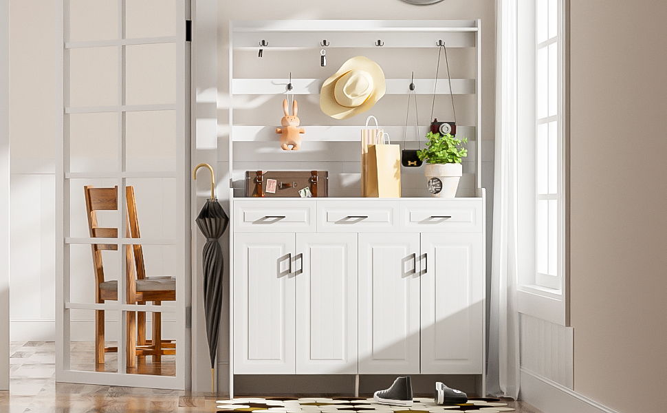 Minimalist 4 Door Shoe Cabinet With Coat Rack, 3 Drawers, 8 Shelves, Metal Hooks And Handles